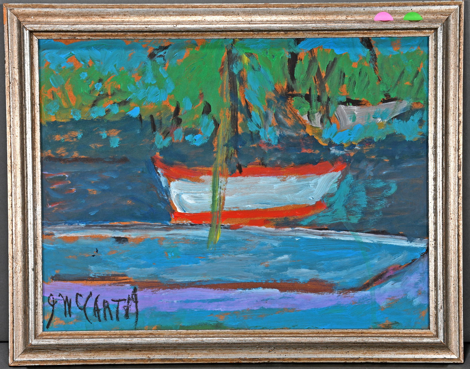 Justin McCarthy. Boat.: Justin McCarthy. Boat. Signed. Oil on Masonite. Great condition. Size with frame is 18" w x 15" h. Est. $300-500. Ship: $45
