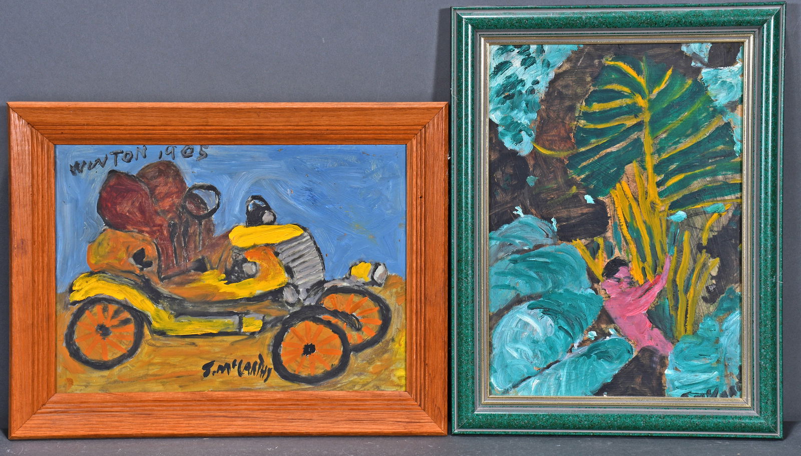 Justin McCarthy. Model T and Tarzan.: Justin McCarthy. Model T and Tarzan. Signed. Oil on Masonite. Excellent condition. Each is 17" x 13". Est. $300-500. Ship: $45