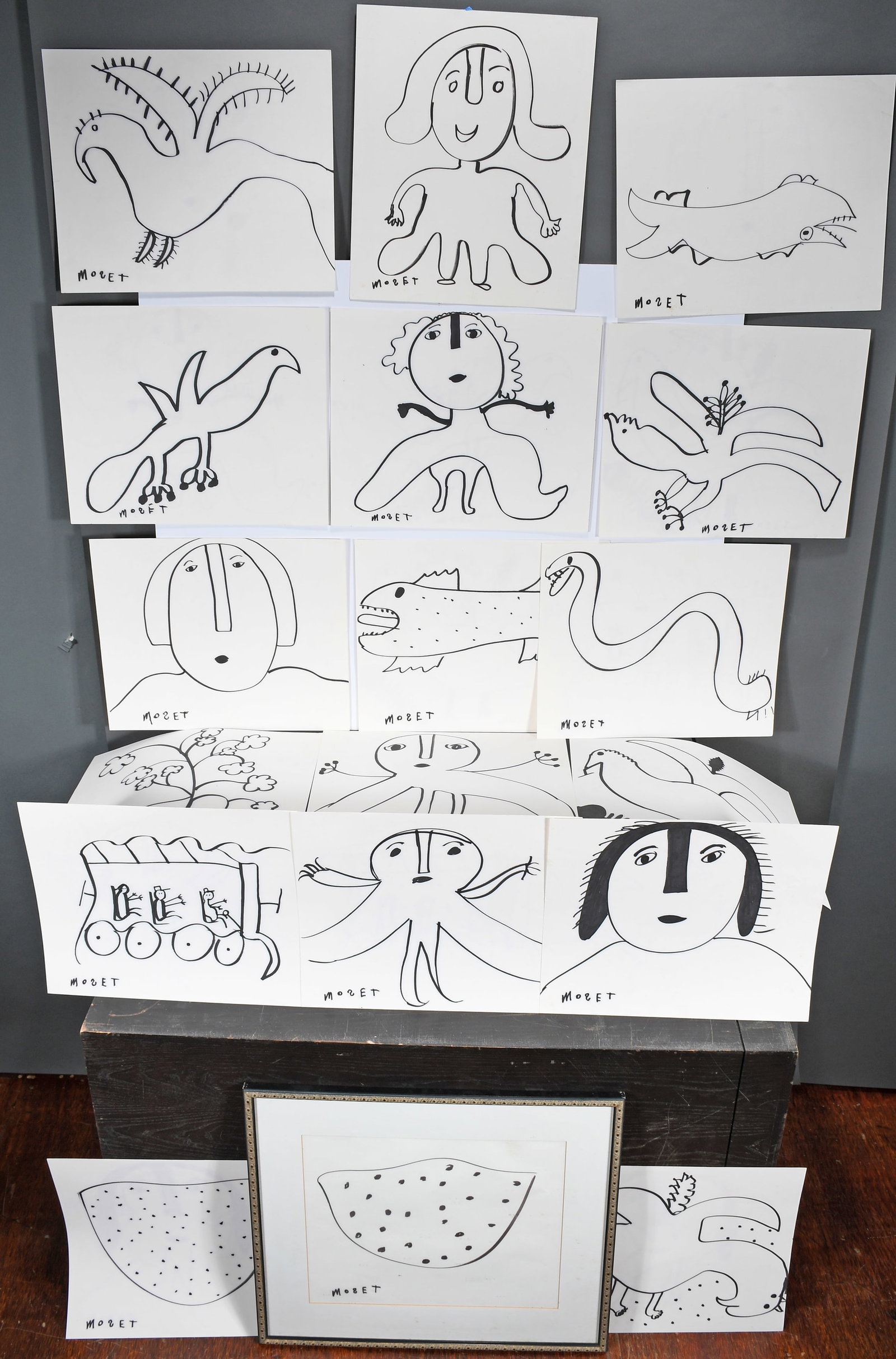 Mose Tolliver. Eighteen Drawings.: Mose Tolliver. Group Lot of Eighteen Drawings. Signed. Ink on paper. Excellent condition. Average is 17" w x 14" h. Est. $500-1,000. Ship: $65