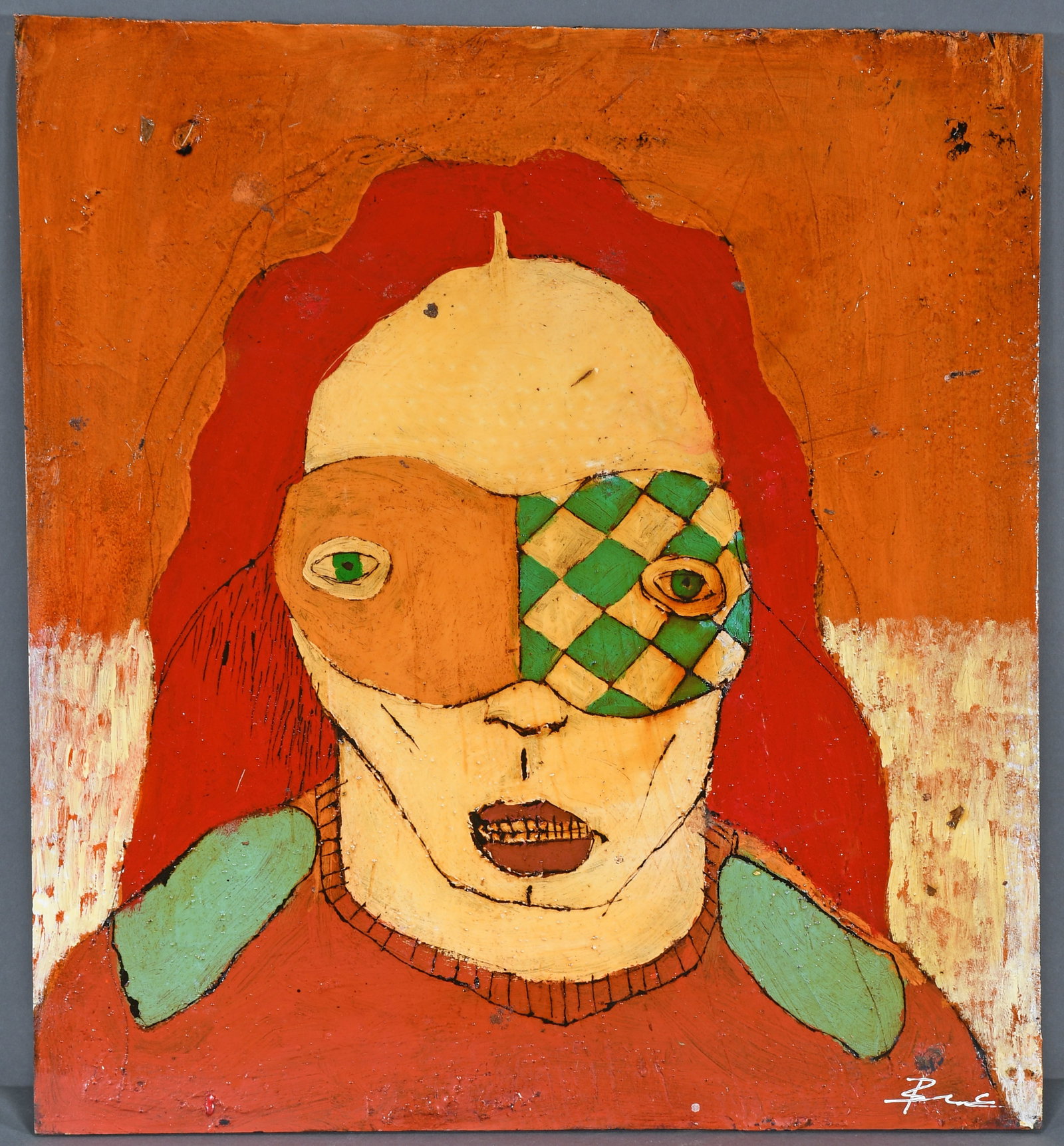 Michael Banks. Girl with Mask.: Michael Banks. Girl with Mask. Signed. Mixed media on board. Excellent condition. 23" w x 25" h. Est. $400-600. Ship: $65