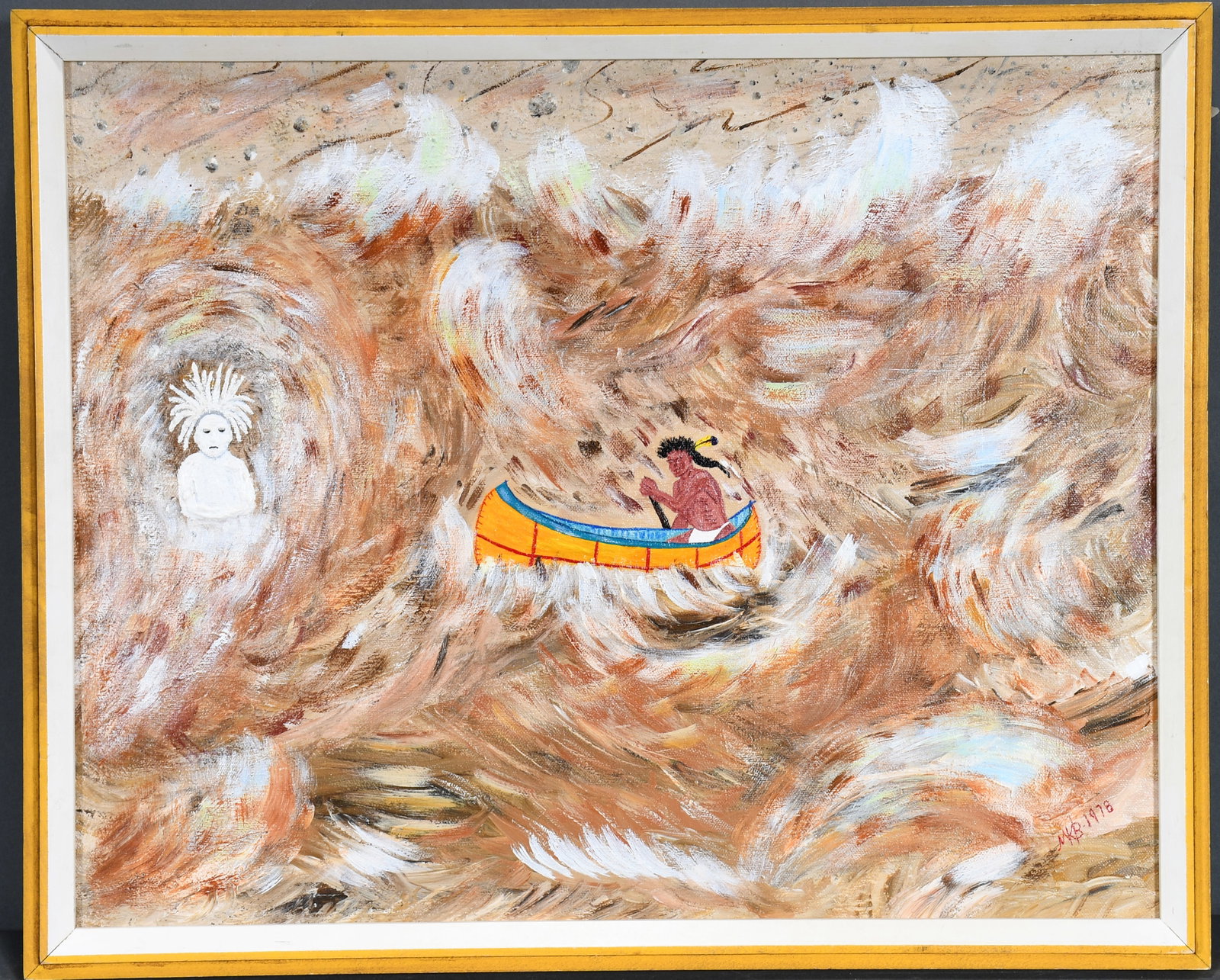 Mary Borkowski. Indian in Canoe.: Mary Borkowski. Indian in Canoe. 1978. Signed and dated. Oil on canvas. Excellent condition. Size with frame is 21" w x 17" h. Est. $300-500. Ship: $45