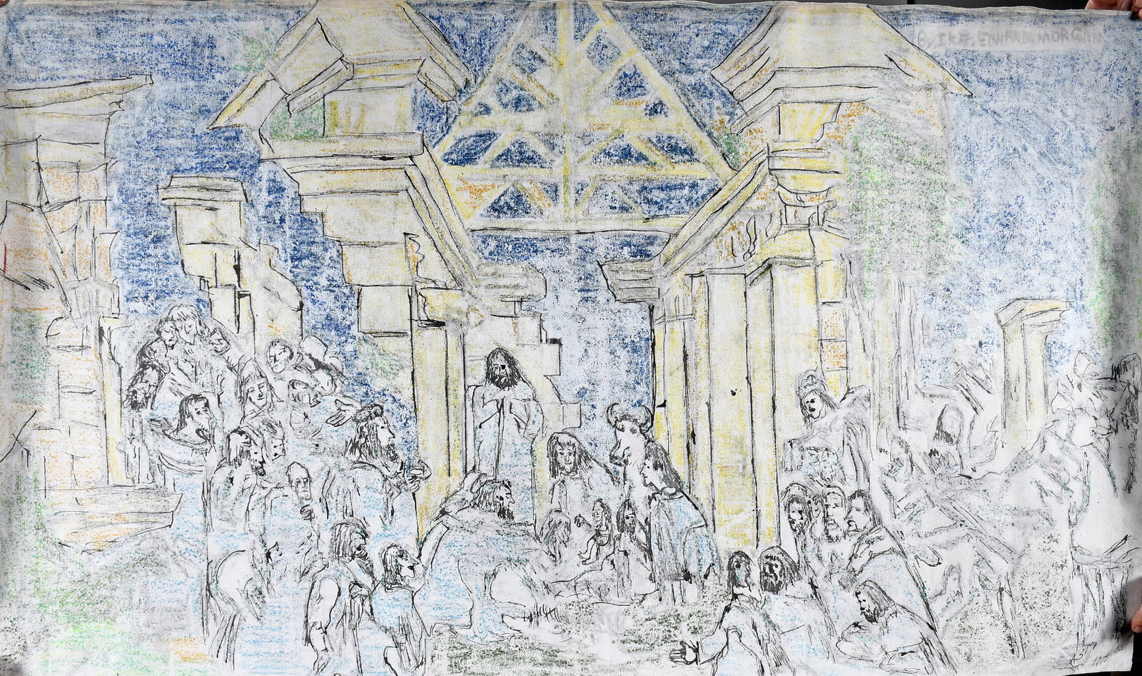 Ike Morgan. Religious Scene.: Ike Morgan. Religious Scene. Signed on verso. Paint and marker on canvas. Excellent condition. 52" w x 31" h. Provenance: Phyllis Kind Collection. Est. $300-500. Ship: $35 (rolled)