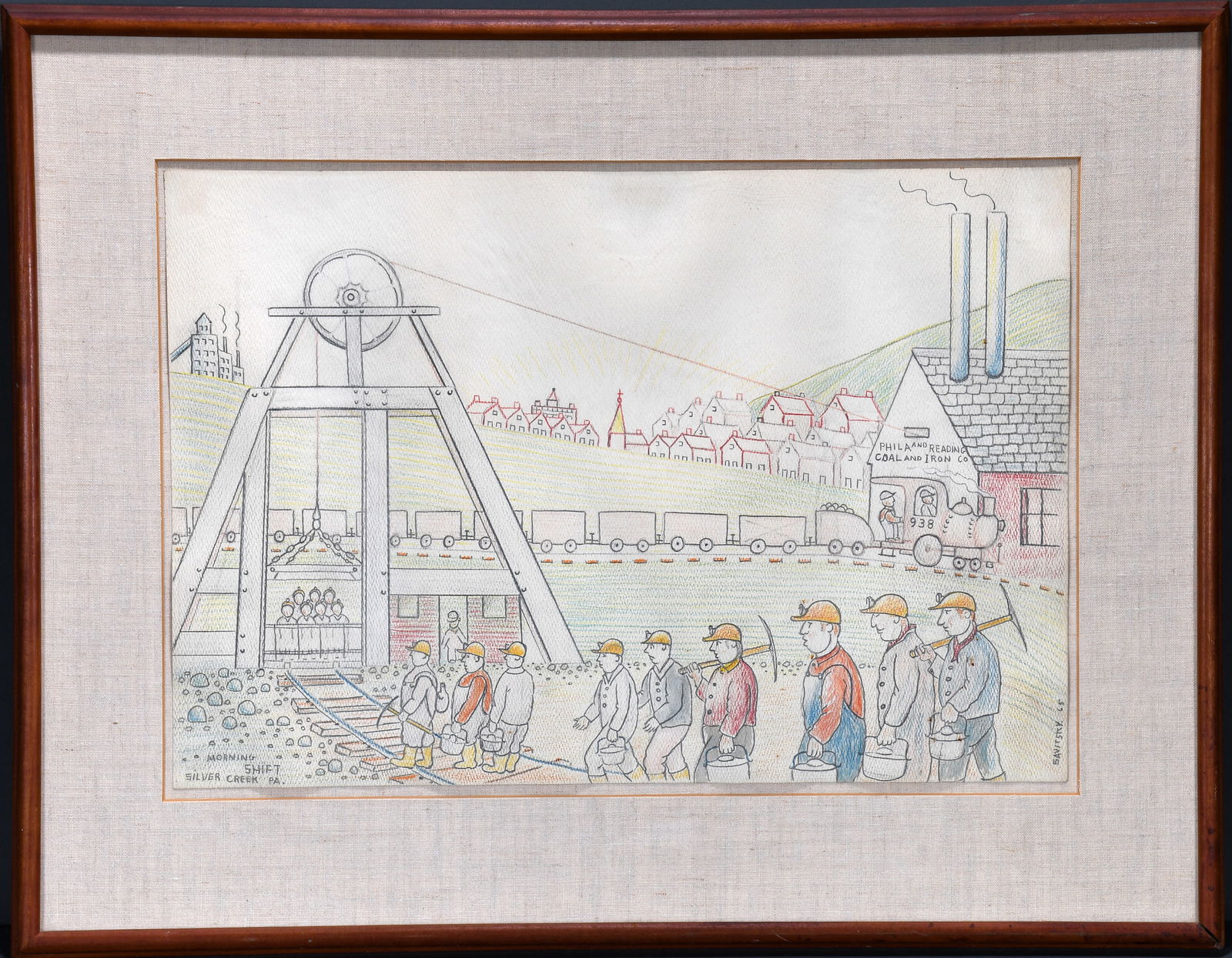 Jack Savitsky. Morning Shift.: Jack Savitsky. Morning Shift. 1965. Signed, dated, titled. Colored pencil on paper. Minor paper warping, otherwise good condition. Image is 21.5" w x 15" h . Frame is 29" w x 22" h. Est. $400-600. Shi