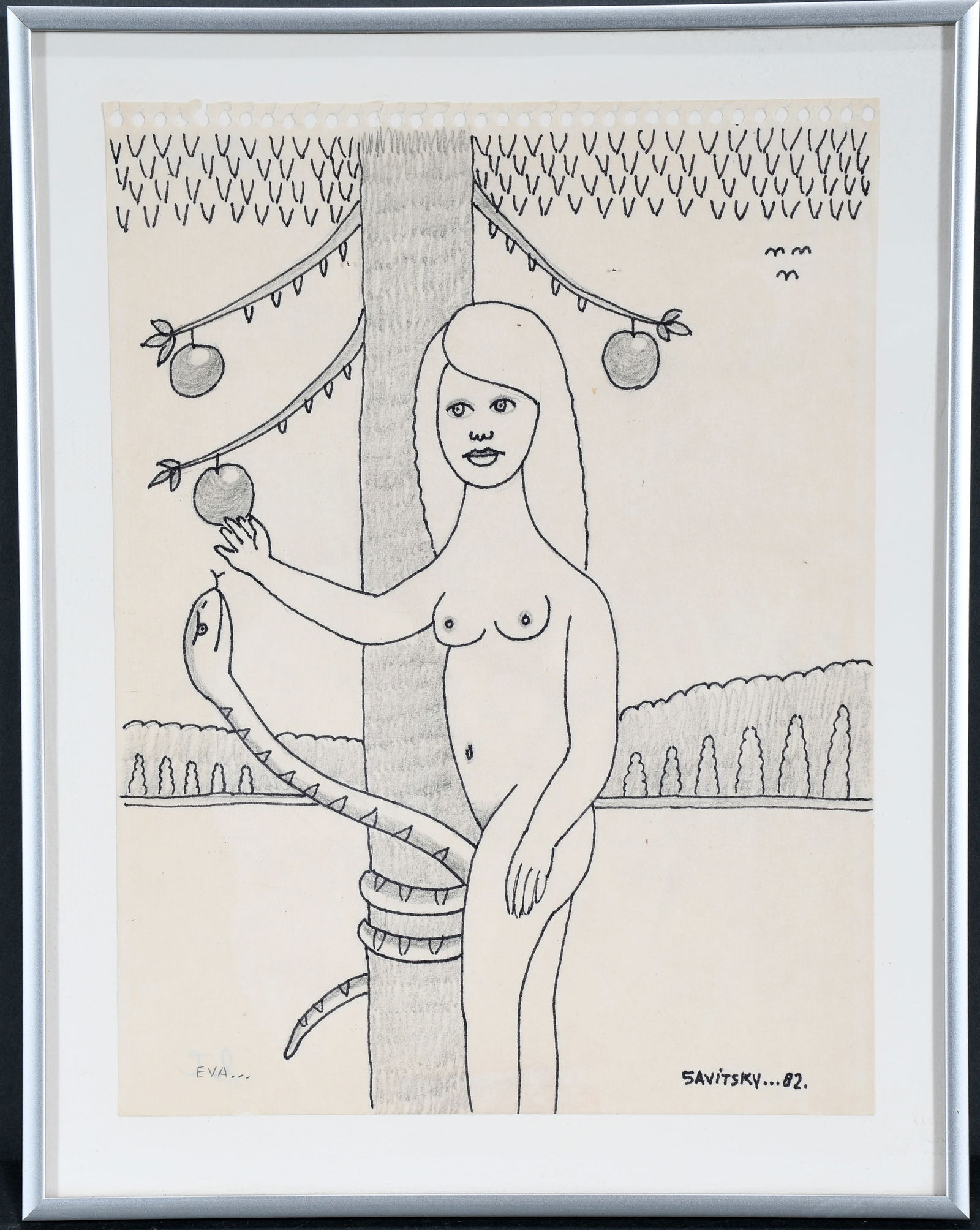 Jack Savitsky. Eva.: Jack Savitsky. Eva. 1982. Signed, dated and titled. Graphite and ink on paper. Excellent condition. Size with frame is 11" w x 14" h. Est. $100-200. Ship: $45