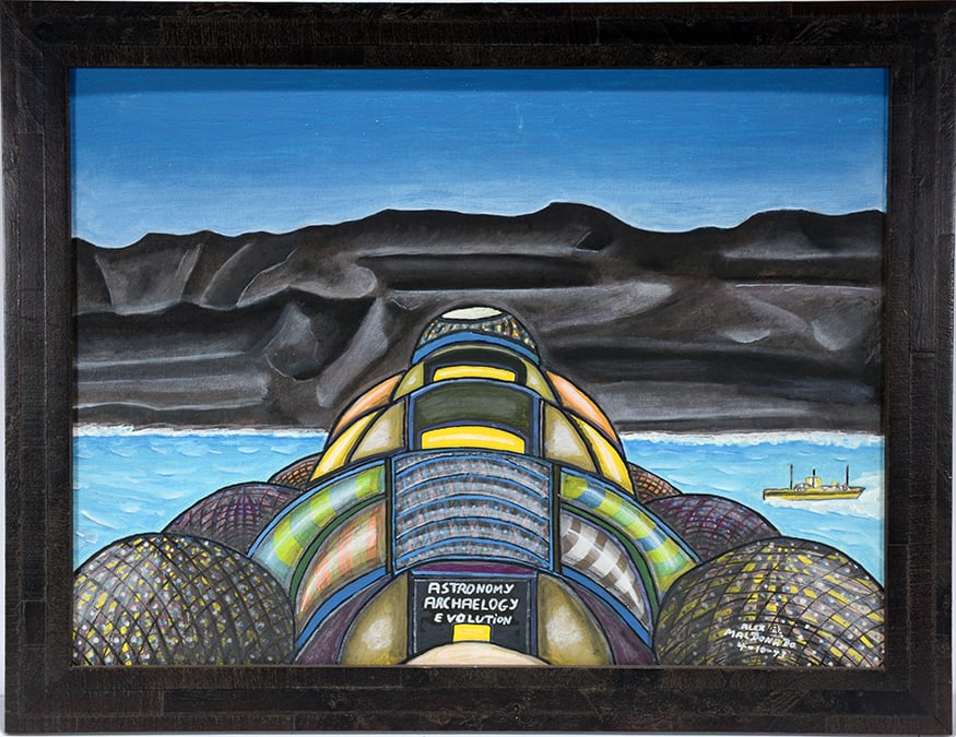 Alex Maldonado. Astronomy, Archeology, Evolution.: Alex Maldonado. Astronomy, Archeology, Evolution. 1973. Signed, dated and titled. Oil on canvas panel. Excellent condition. Size with frame is 22" w x 17" h. Provenance: The Ames Gallery. Est. $200-40