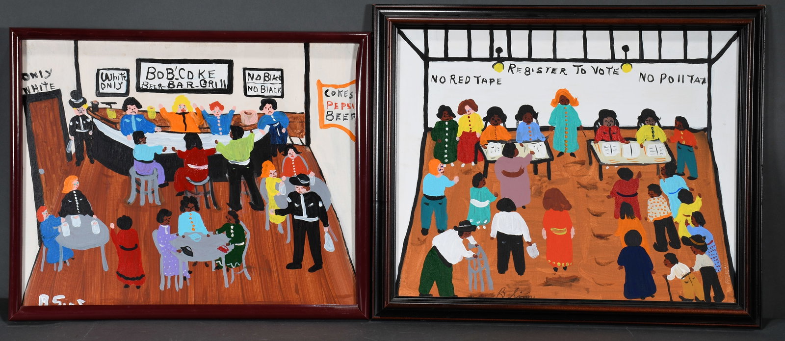Bernice Sims. Register to Vote & Bob' Bar-Grill.: Bernice Sims. Two works - Register to Vote and Bob' Coke Beer-Bar-Grill. Signed. Oil on canvas. Excellent condition. Average size is 22" w x 18" h. Provenance: The Jack and Georgine Clarke Collection.