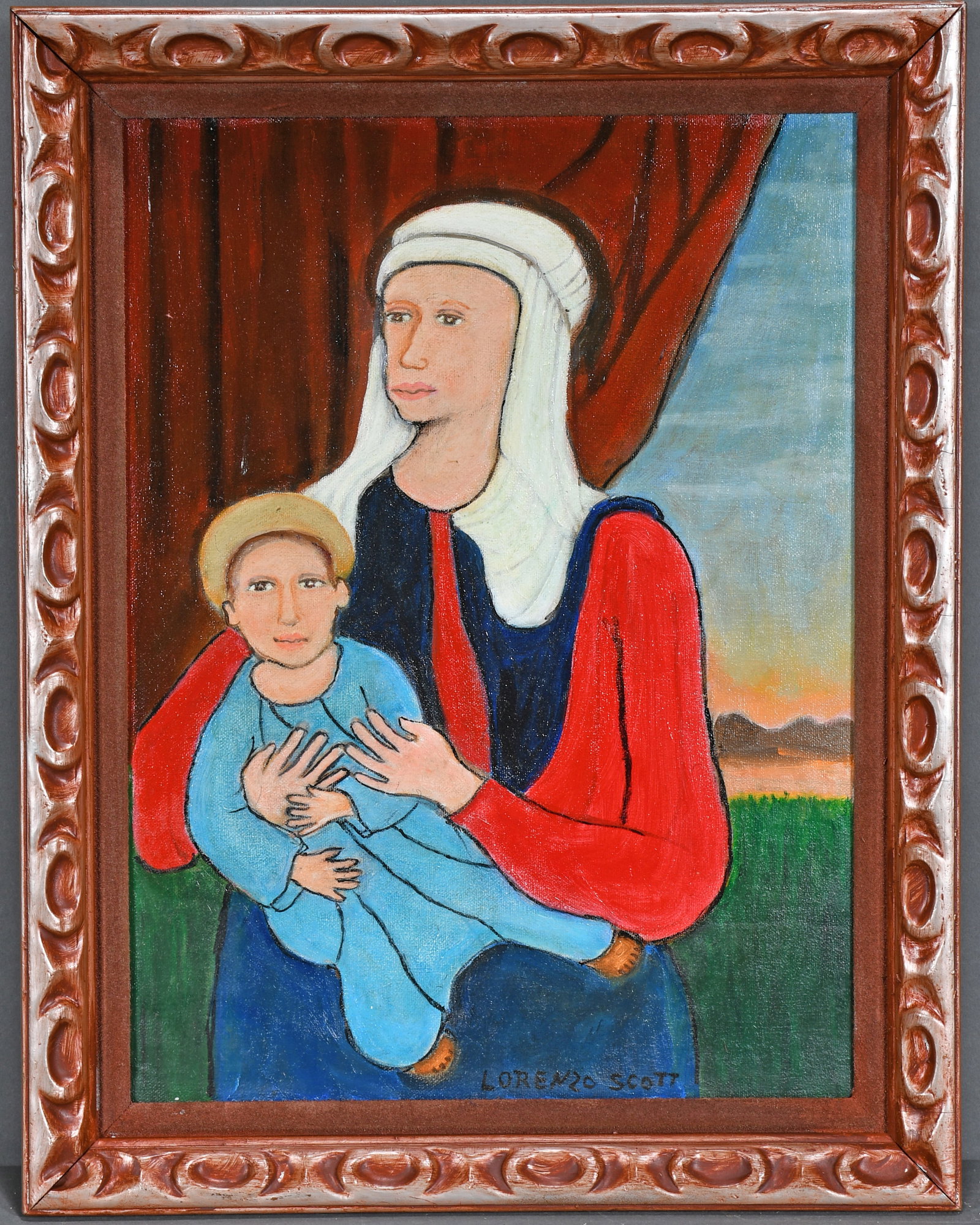 Lorenzo Scott. Mary and Baby Jesus.: Lorenzo Scott. Mary and Baby Jesus. Signed. Oil on canvas. Excellent condition. Size with frame is 14" w x 19" h. Est. $200-300. Ship: $45