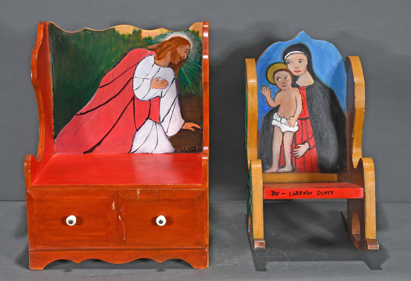 Lorenzo Scott. Painted Doll Furniture Pieces.: Lorenzo Scott. Pair of Painted Doll Furniture Pieces. Signed. Paint on wooden doll furniture. Excellent condition. Largest is 13" w x 17" h. Est. $200-400. Ship: $85