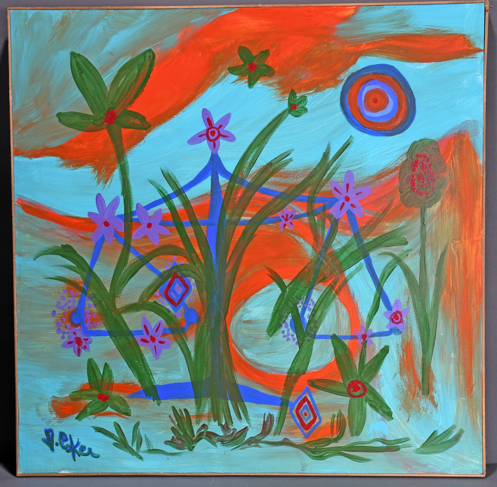 Jerry Coker. Blue & Orange Sky With Flowers.: Jerry Coker. Blue and Orange Sky With Flowers. Signed. Paint on canvas. Excellent condition. 30" w x 30" h. Est. $100-200. Ship: $100