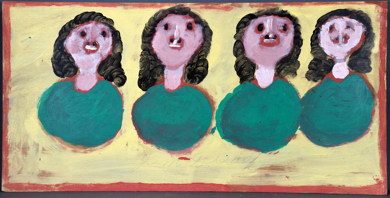 Jimmy Lee Sudduth. Four Girls in Green.: Jimmy Lee Sudduth. Four Girls in Green. Signed. Paint and mud on board. Great condition. 48" w x 24" h. Est. $500-800. Ship: $200