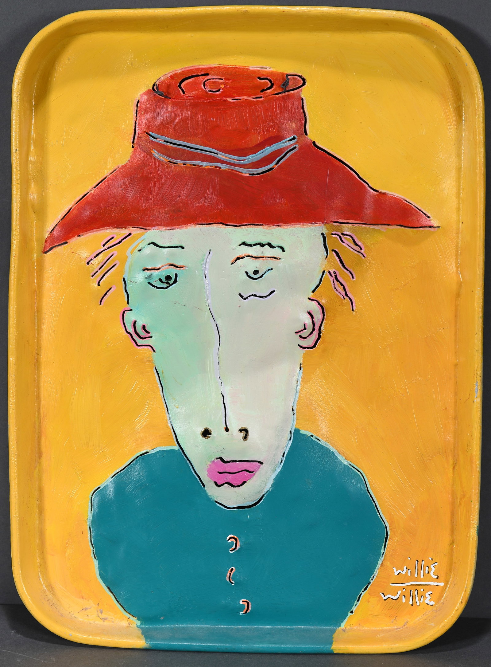Willie Willie. Portrait.: Willie Willie. Portrait. Signed. Paint and cut out metal on tray. Great condition. 12" w x 16.5" h. Est. $50-100. Ship: $45