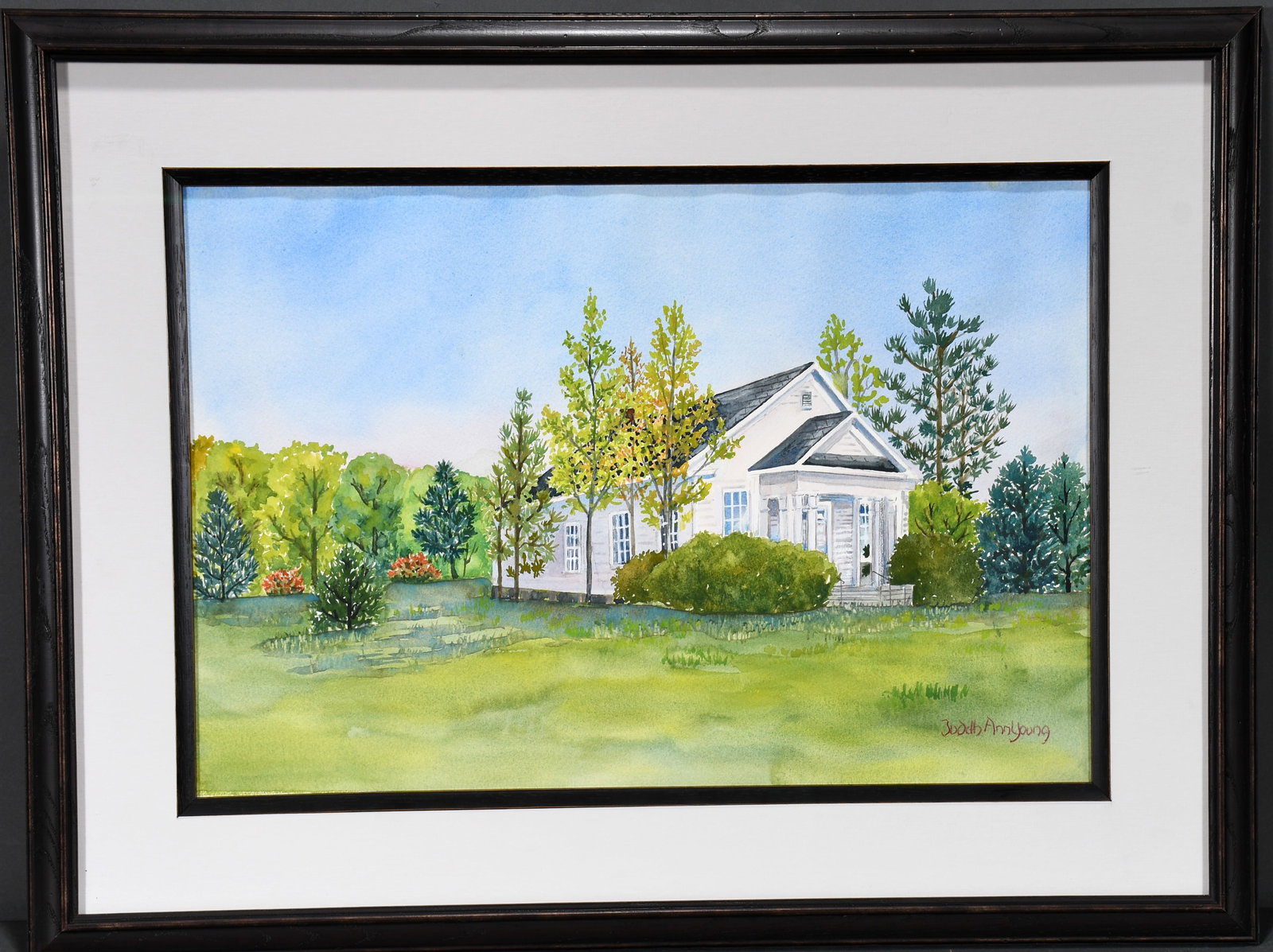 Judith Ann Young. Country Church.: Judith Ann Young. Country Church. Signed. Watercolor on paper. Excellent condition. Size with frame is 29" w x 22" h. Proceeds to benefit The Paradise Garden Foundation. Est. $100-200. Ship: $65