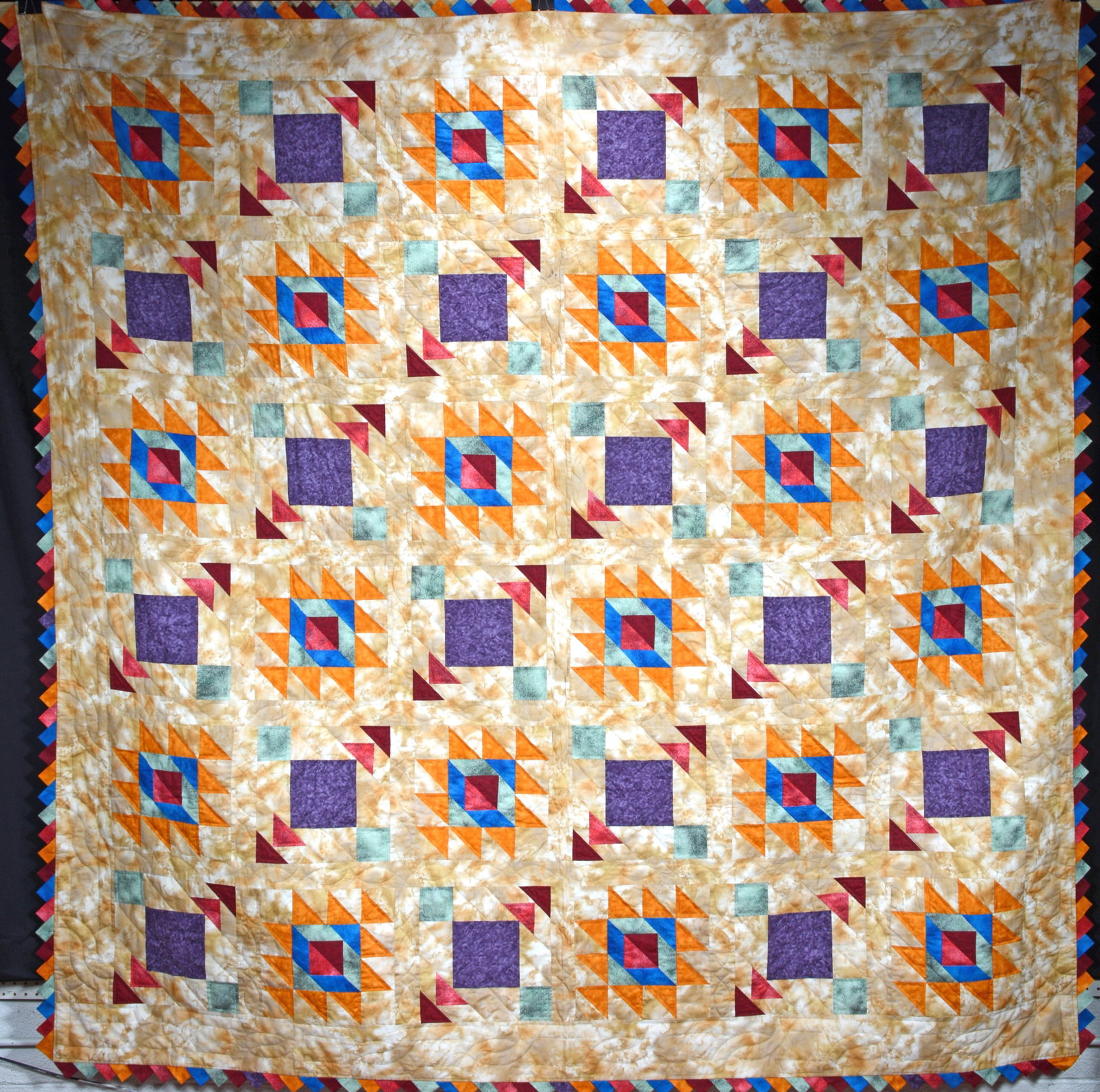 Fran Miller. Keeping The Dream Alive Quilt.: Fran Miller. Keeping The Dream Alive. 2005. Tribute quilt to Ruth Ziolkowski's work and vision at Crazy Horse Mountain, SD. Signed, dated and titled. Cotton quilt with saw tooth edges. Excellent condi