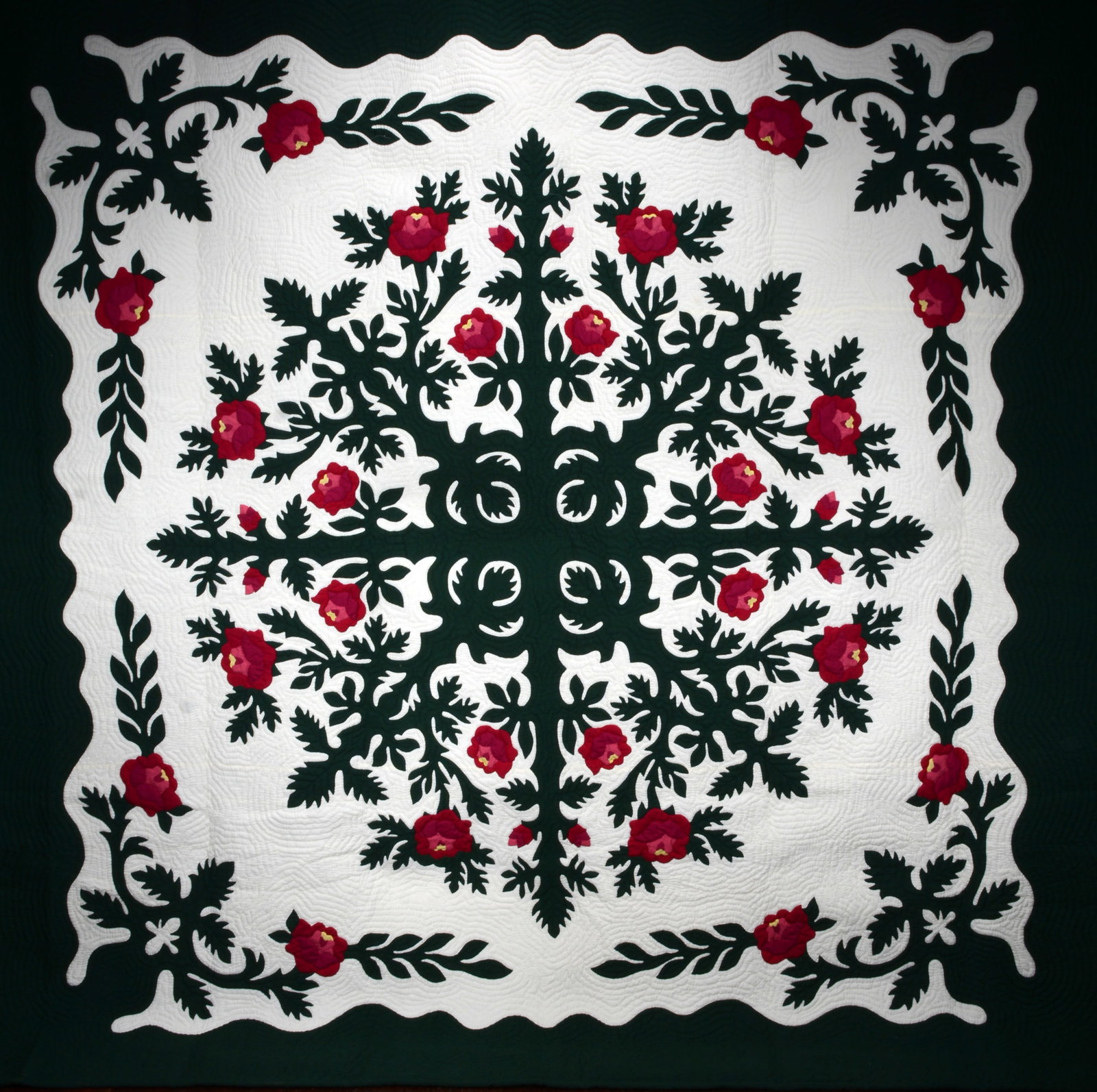 Phillipine Ladies. Lokelani Rose Hawaiian Style Applique Quilt.: Philippine Ladies. Lokelani Rose Hawaiian Style Applique. 2004. 106" x 112". Cotton solids. Hand appliqued and quilted. Excellent condition. No repair or restoration. Made in the Philippines by a high