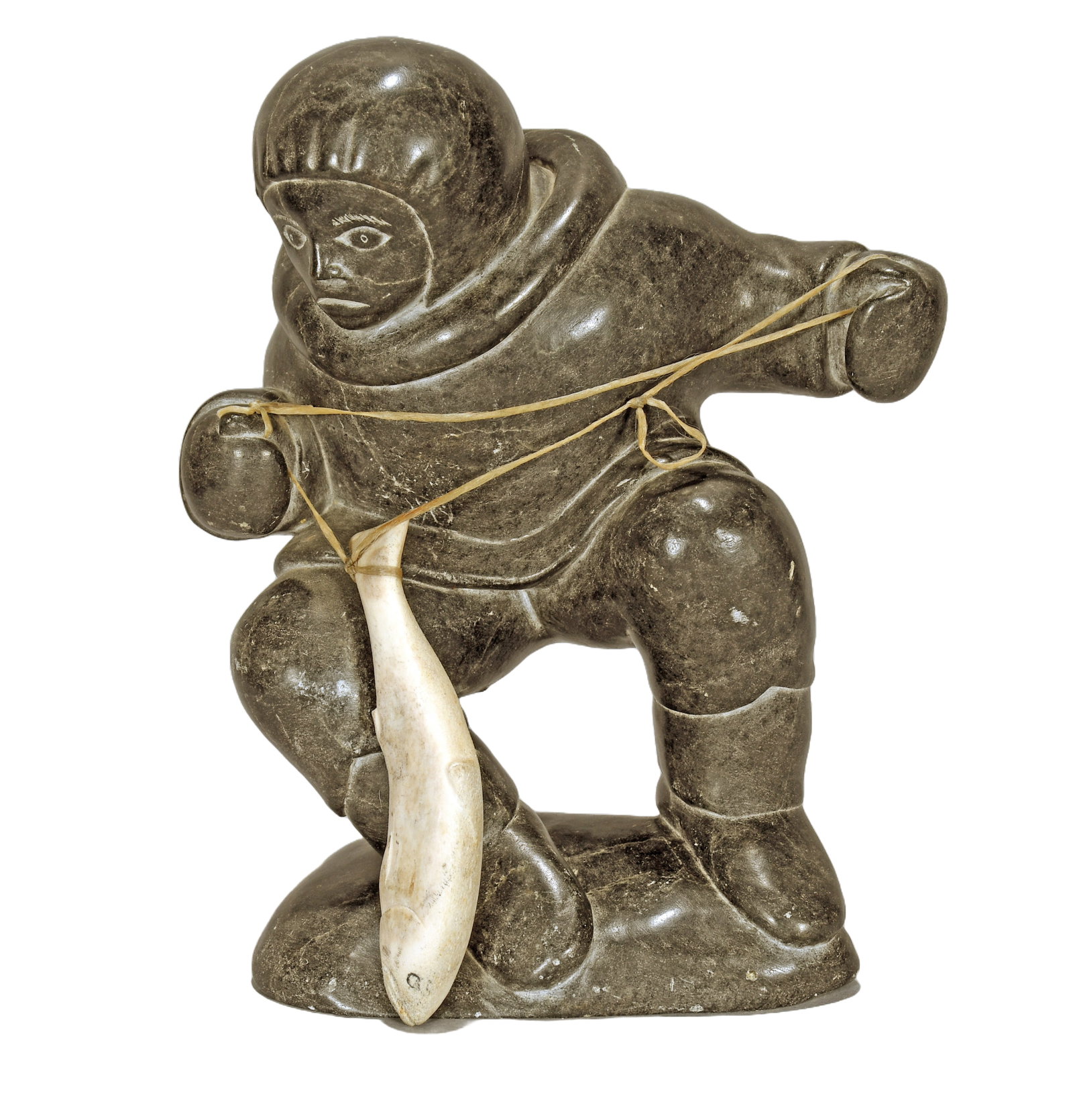 Tiken. Inuit Salmon Fisherman.: Tiken. Inuit Salmon Fisherman. Signed. Carved basalt and bone. Excellent condition. 5.5" w x 8" h. Est. $200-400. Ship: $65