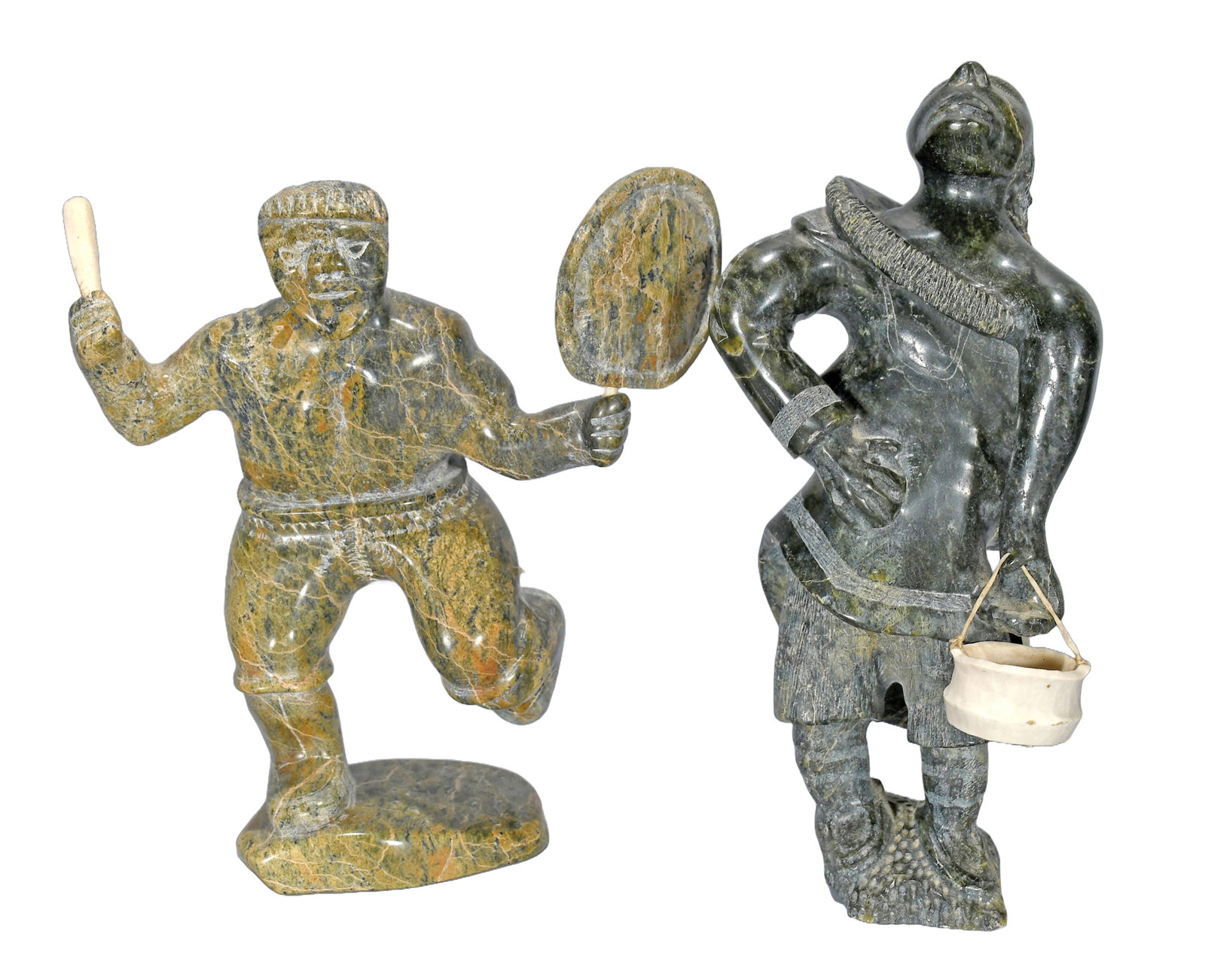 J. Eshulutak and A. Korgak. Inuit Life.: J. Eshulutak and A. Korgak. Inuit Life. Signed. Carved serpentine. Excellent condition. Average is 8" h. Est. $200-400. Ship: $65