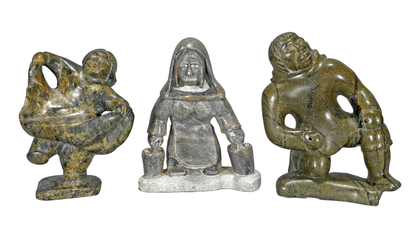 Inuit. The Dancer, The Worker and The Poser.: Inuit. The Dancer, The Worker and The Poser. c. 1980's. Signed. Repair on " worker" otherwise good condition. Average is 6" h. Est. $200-400. Ship: $65