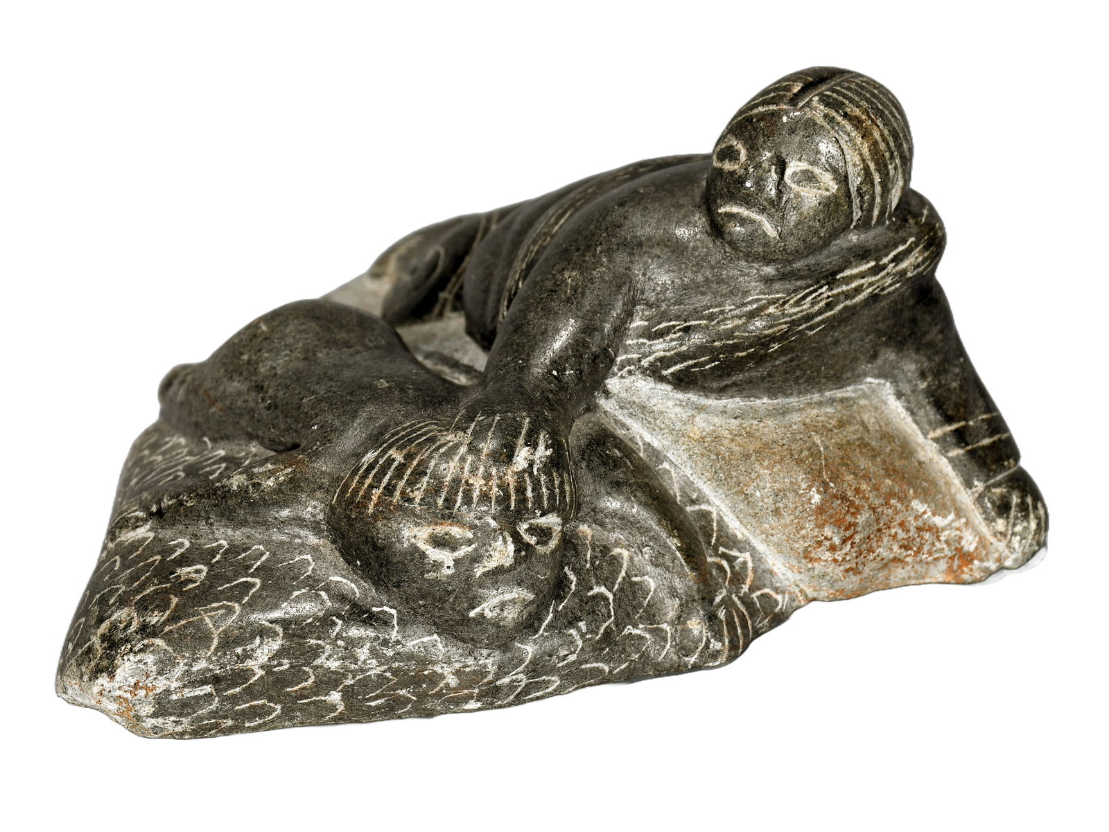 The Original Inuit Polar Plunge.: Inuit. The Original Polar Plunge. c. 1980's. Signed. Carved granite. Excellent condition. 6" w x 4" h. Est. $200-400. Ship: $55