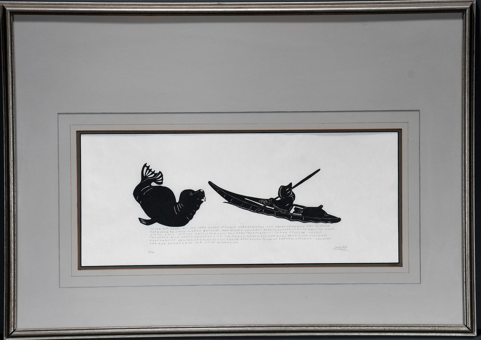 T. Etook. Inuit Seal Hunt.: T. Etook. Inuit Seal Hunt. 1975. #5 of 50. Signed, dated and numbered. Ink on paper. Excellent condition. Size with frame is 39" w x 28" h. Est. $200-300. Ship: $150