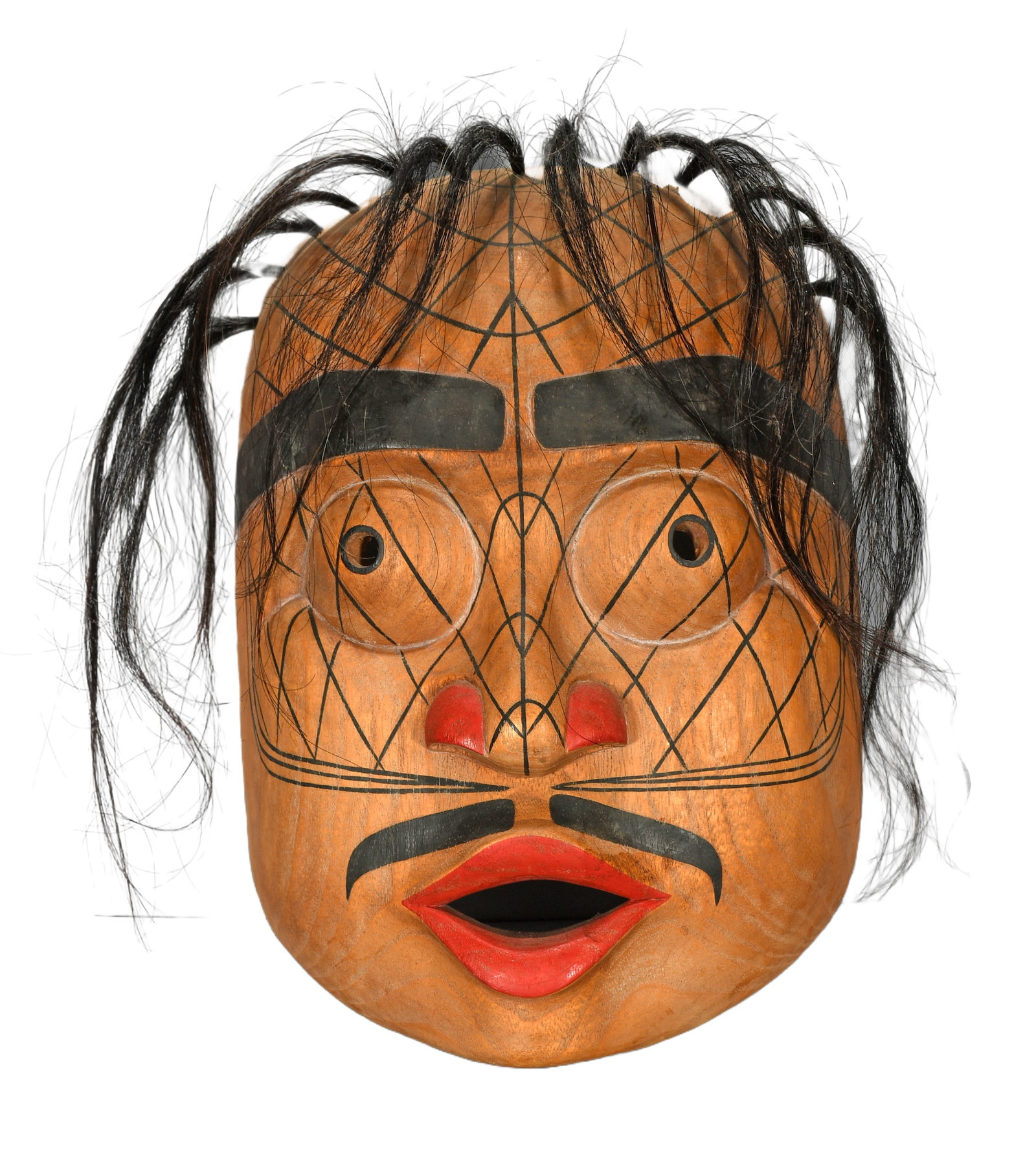 Northwestern Mask.: Unknown Artist. Northwestern Mask. Not signed. Carved and painted wood with horse hair. Excellent condition. 9" w x 12" h. Est. $200-300. Ship: $45