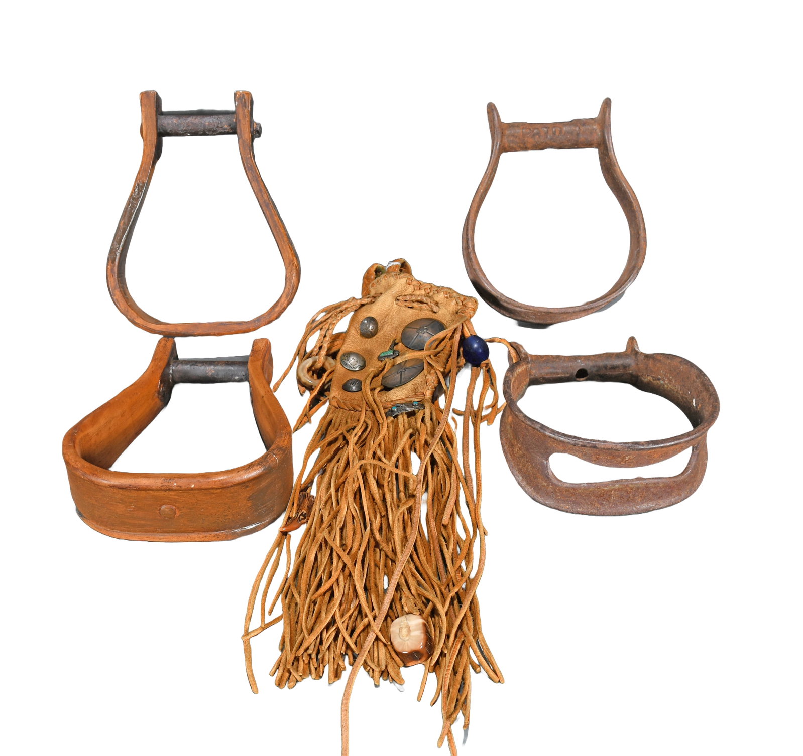 Pair of Wooden and Metal Stirrups with Hide Pouch.: Anonymous. Pair of Wooden and Metal Stirrups with Hide Pouch. Great condition. Largest is 7". Est. $100-200. Ship: $45