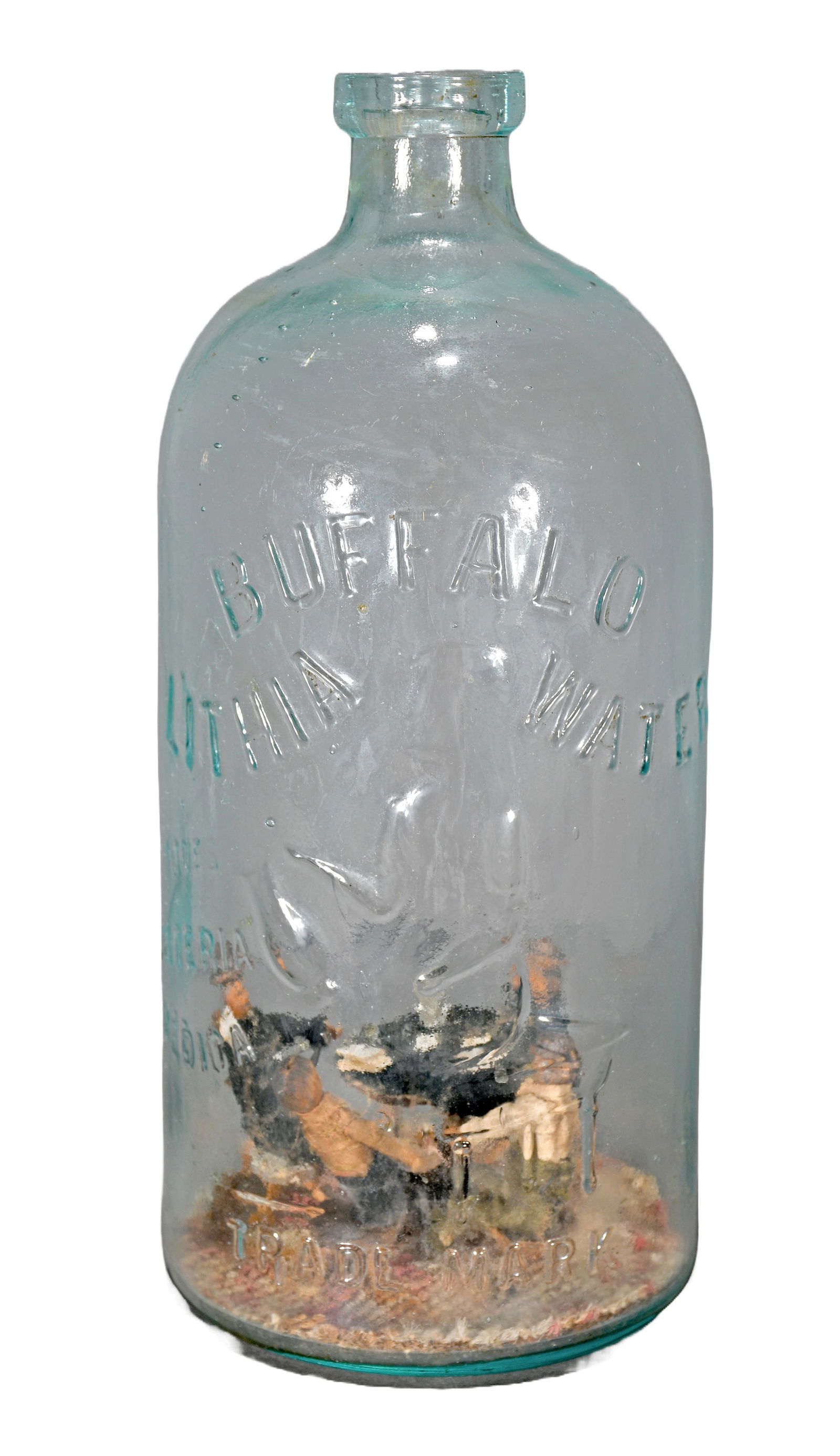 Poker Game inside of a Buffalo Lithia Water Glass Bottle.: Anonymous. Poker Game inside of a Buffalo Lithia Water Glass Bottle. Mixed media construction. Great condition. 10" h x 4" diameter. Est. $100-200. Ship: $45