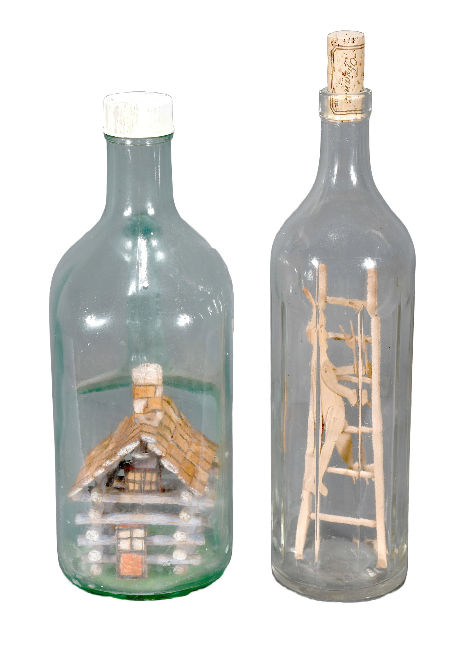 What-Nots-In-A-Bottle.: Anonymous. What-Nots-In-A-Bottle. Carved and painted wood inside glass bottles. Great condition. Average is 13" h. Est. $50-100. Ship: $55