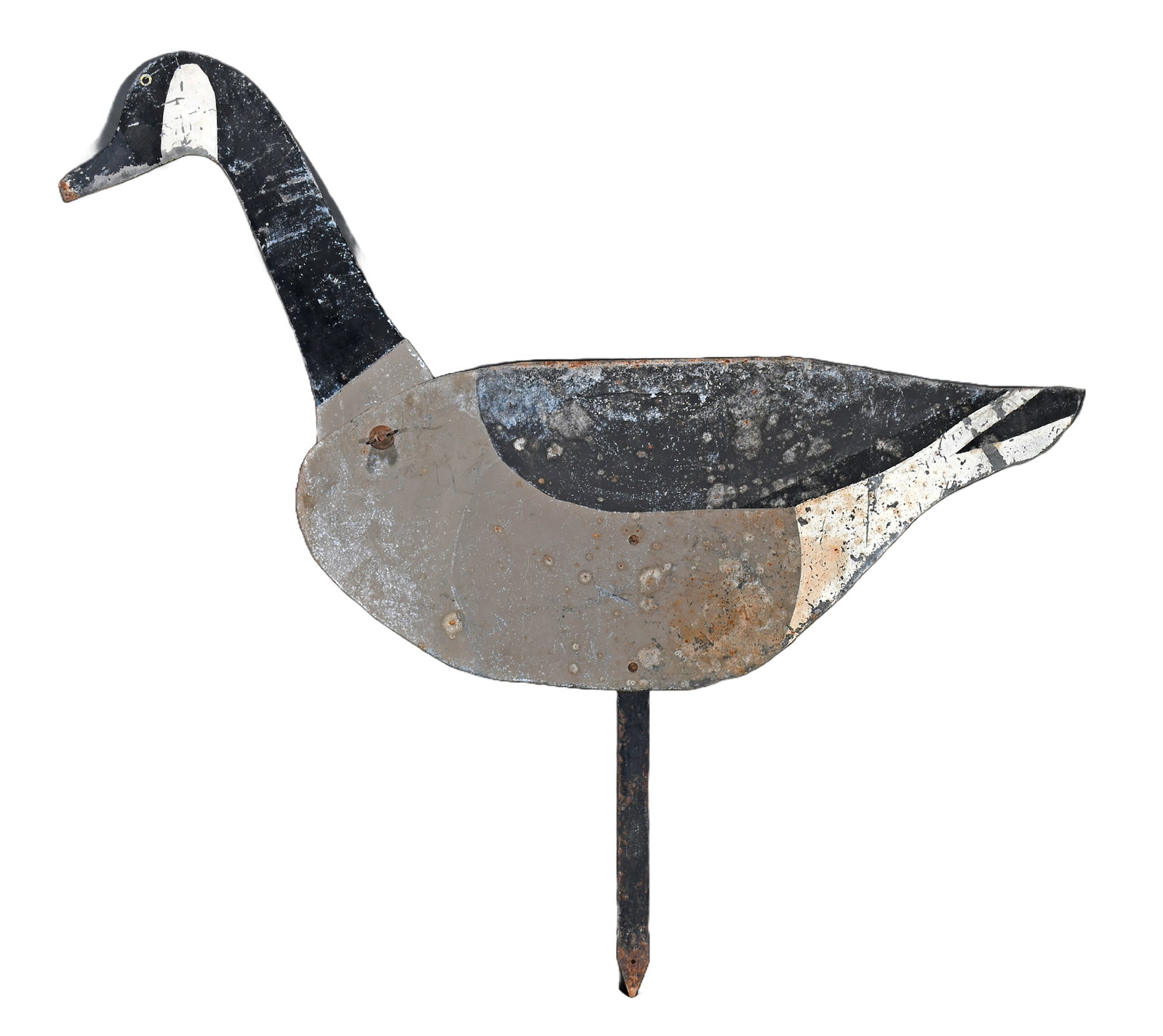 Canadian Goose Decoy.: Anonymous. Canadian Goose Decoy. Paint on cut out metal. Lots of paint wear from use, otherwise good condition. 31" h. Est. $100-200. Ship: $55