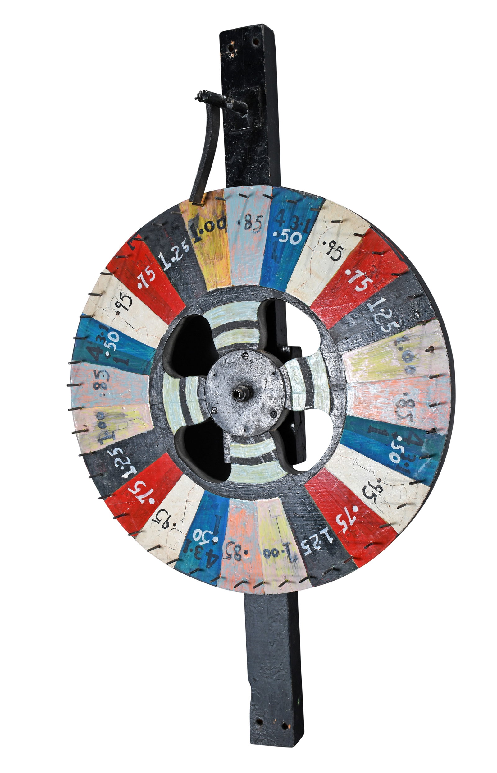 Cornell. Wheel of Chance.: Cornell. Wheel of Chance. 1996. Signed and dated. Paint on board with leather strap and metal nuts and bolts. Excellent condition. 36" h x 20.5" diameter. Est. $100-200. Ship: $150