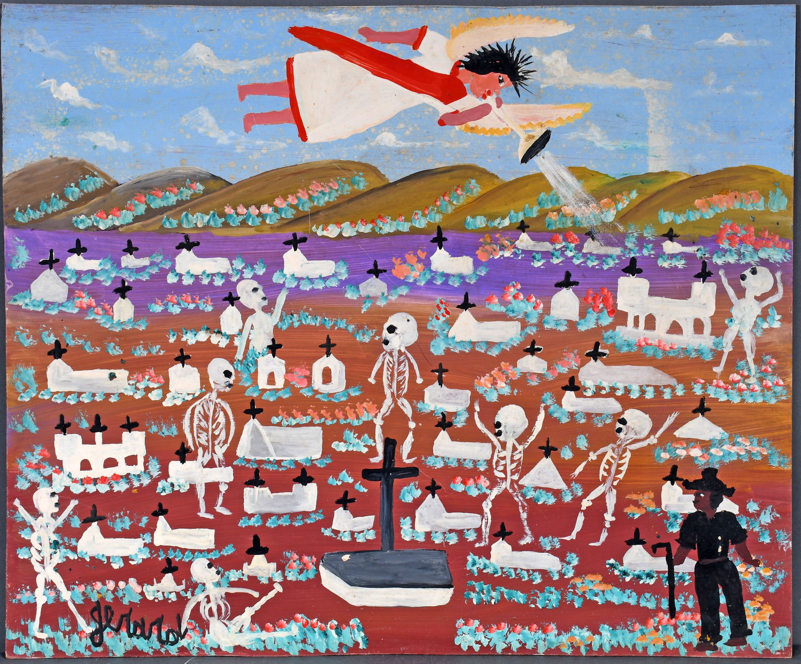 Gerard Fortune. Trumpeting Angel Over Cemetary.: Gerard Fortune. Trumpeting Angel Over Cemetery. Signed. Paint on Masonite. Great condition. 24" w x 20" h. Est. $200-300. Ship: $75