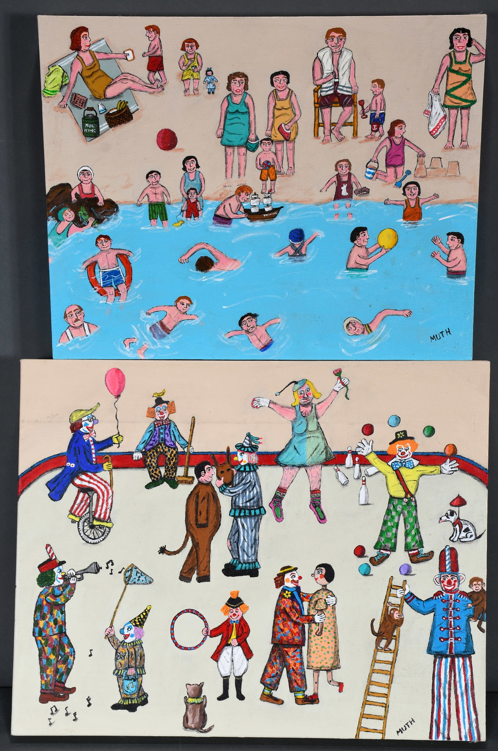 Marcia Muth. Pair of works, Circus and At the Beach.: Marcia Muth. Pair of works, Circus and At the Beach. Signed. Paint on canvas. Excellent condition. Largest is 20" w x 15" h. Est. $300-500. Ship: $65