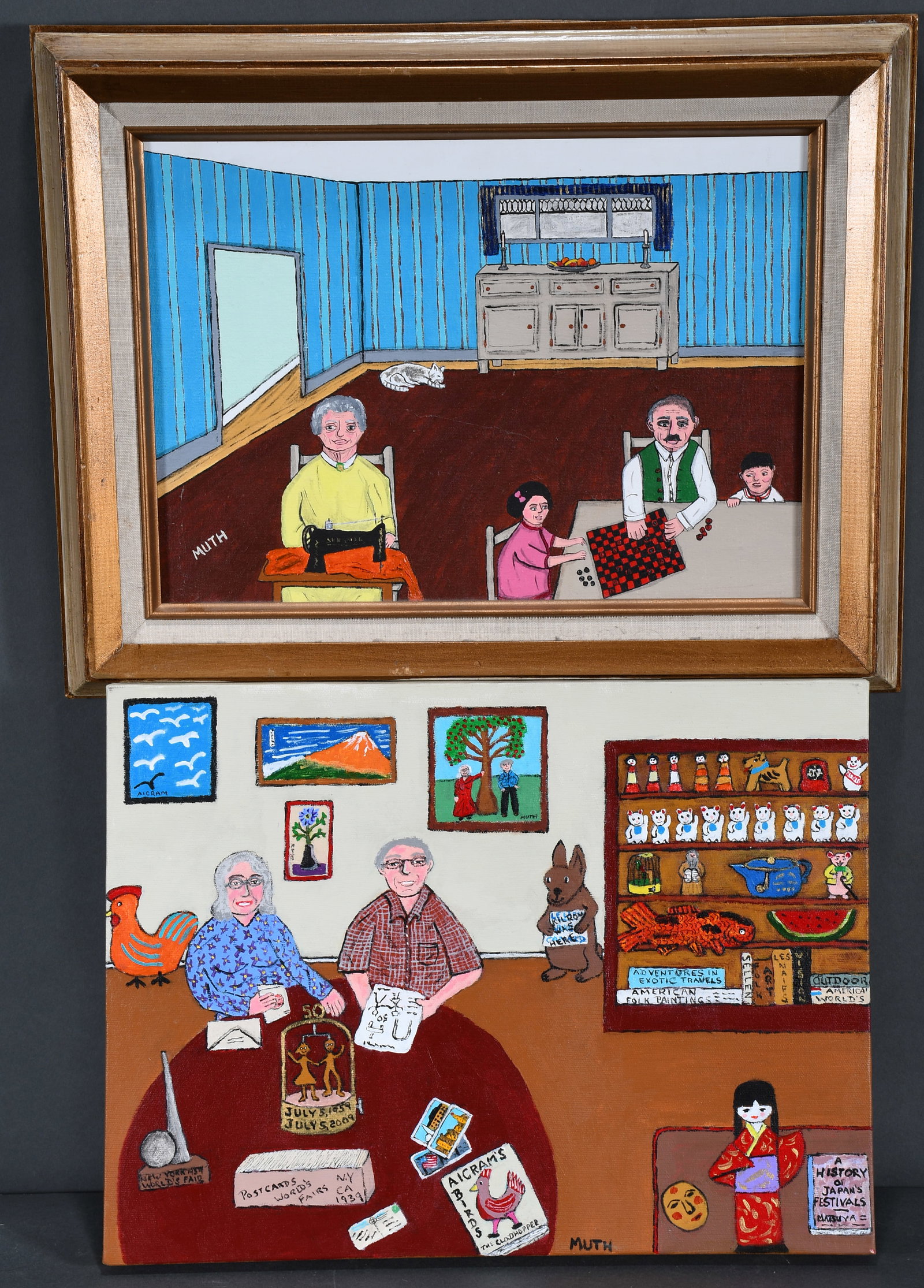 Marcia Muth. Pair of works, Playing Checkers at Grandpa's and Postcards.: Marcia Muth. Pair of works, Playing Checkers at Grandpa's and Postcards. Signed. Paint on canvas and canvas panel. Excellent condition. Average is 14" w x 18" h. Est. $200-400. Ship: $55