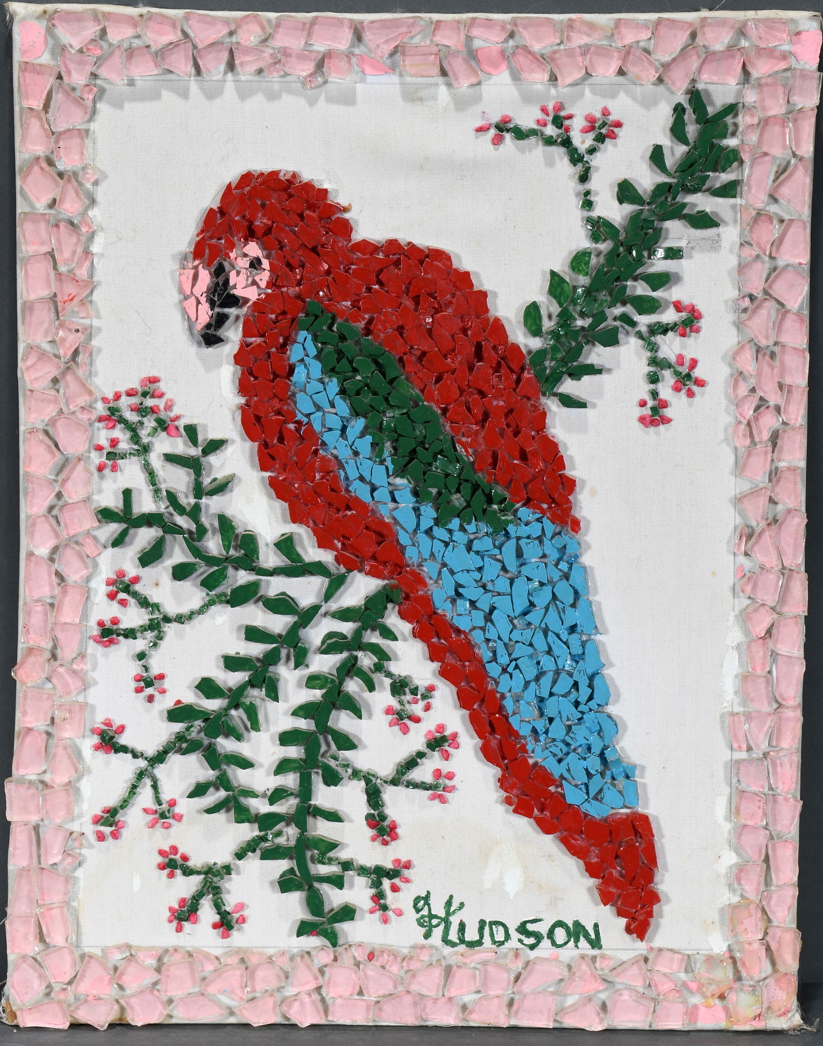 Sylvanus Hudson. Macaw Glass Mosaic.: Sylvanus Hudson. Macaw. Signed. Glass mosaic and mixed media on board. Excellent condition. 13" w x 18" h. Est. $200-300. Ship: $45