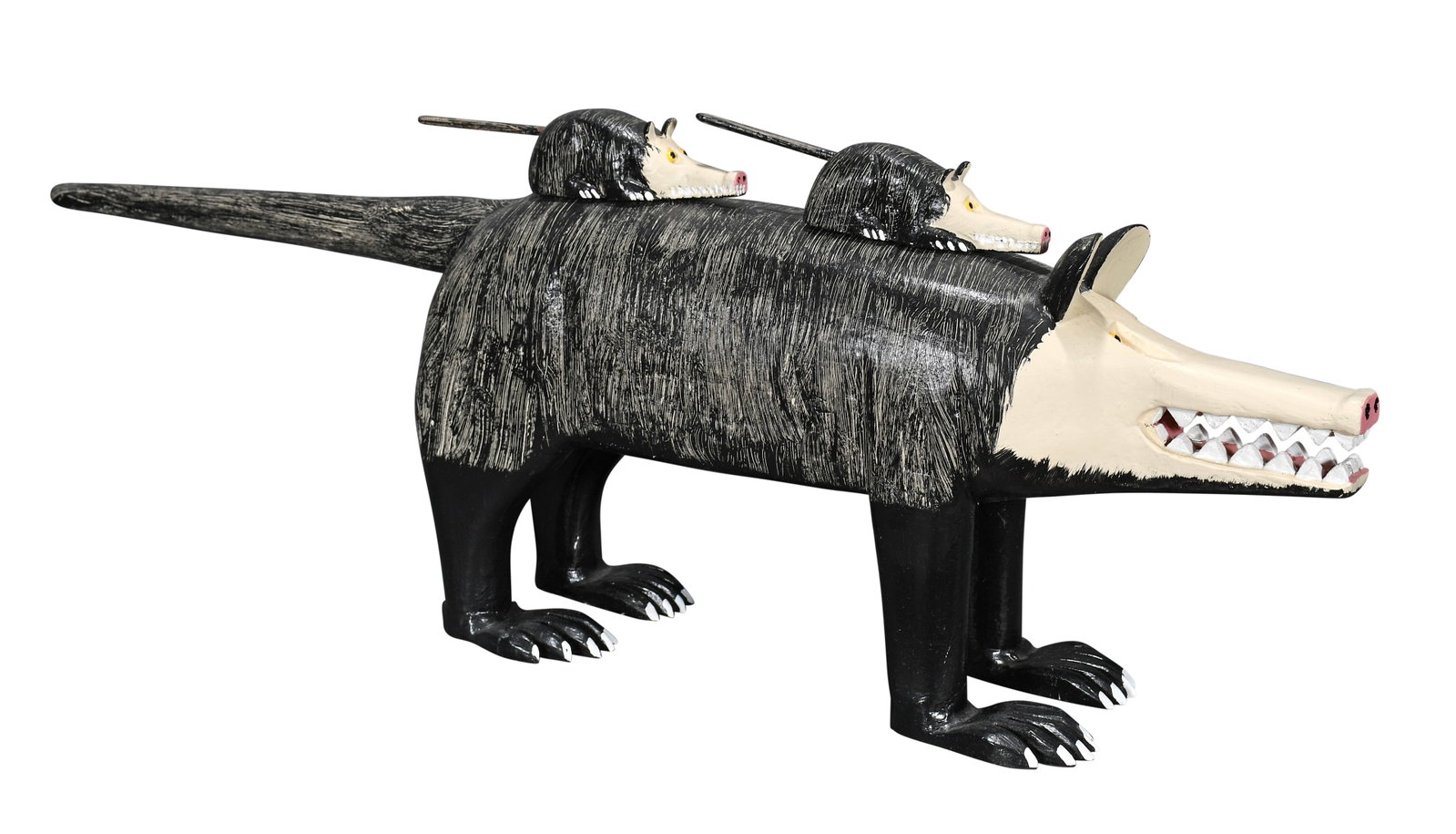 Lonnie and Twyla Money. Momma Possum with Magnetic Babies.: Lonnie and Twyla Money. Momma Possum with Magnetic Babies. Signed. Carved and painted wood. Excellent condition. 28" long x 9” h. Est. $100-300. Ship: $85