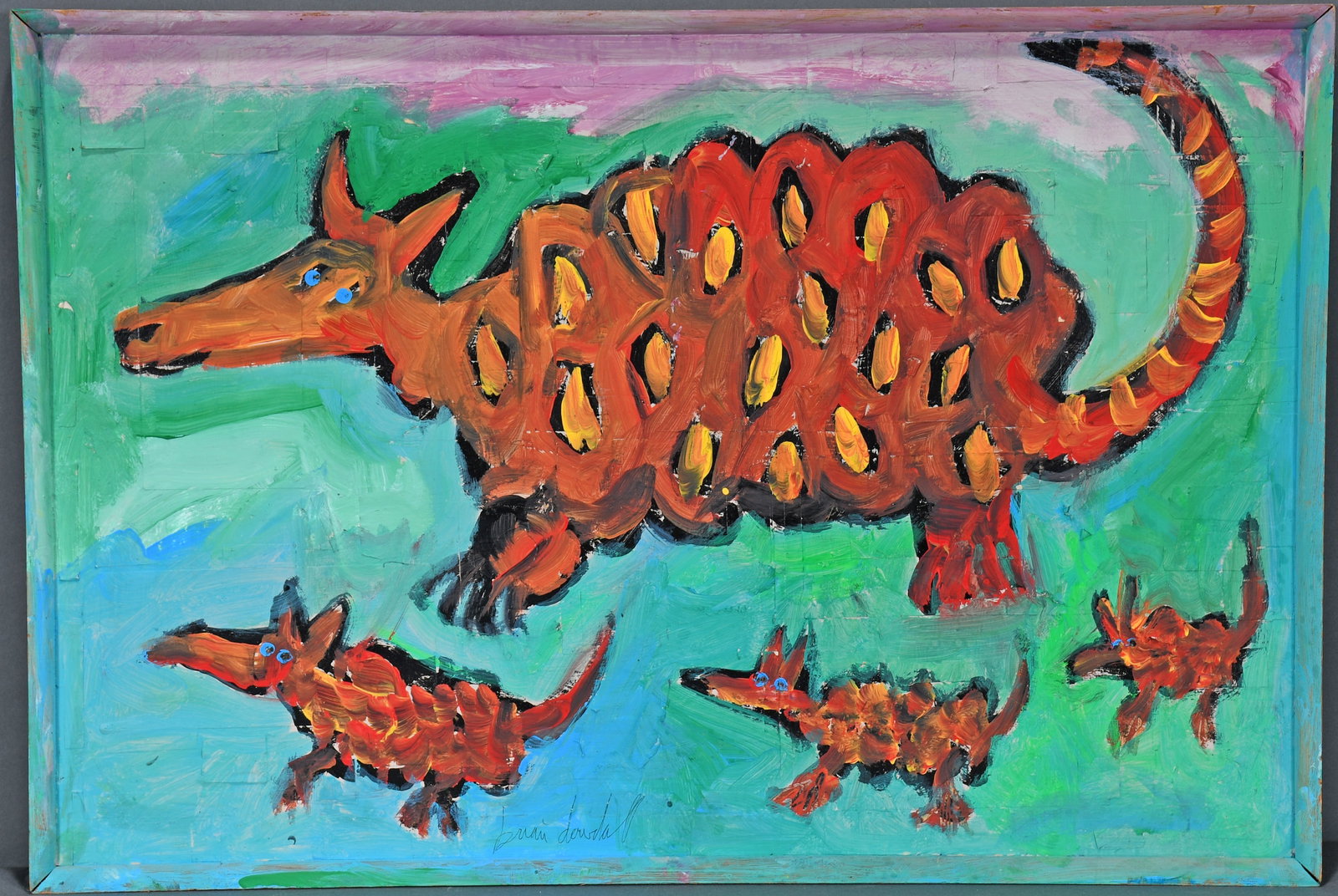Brian Dowdall. Armadillo Family.: Brian Dowdall. Armadillo Family. Signed. Paint on board. Good condition. Size with frame is 28" w x 19" h. Est. $200-300. Ship: $75