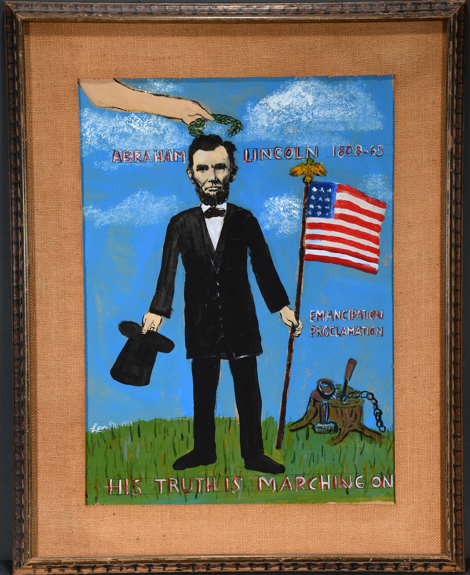 Leon M. Abraham Lincoln.: Leon M. Abraham Lincoln. 1958. Signed, dated and titled. Paint on cardstock. Excellent condition. Size with frame is 24" w x 29" h. Est. $300-500. Ship: $85