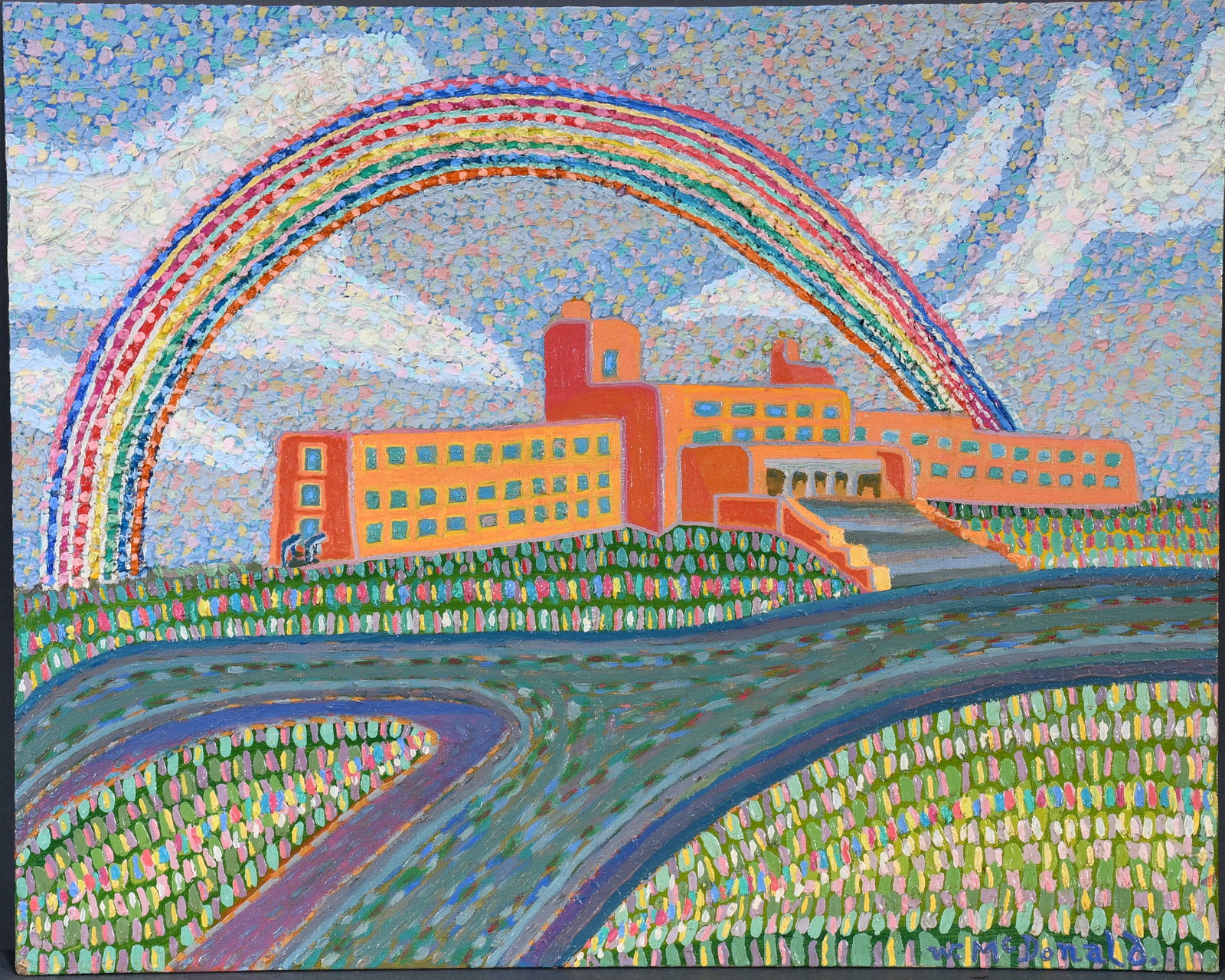 W. McDonald. Rainbow City.: W. McDonald. Rainbow City. Signed. Heavy paint on canvas board. Excellent condition. 20" w x 16" h. Provenance: Phyllis Kind Collection. Est. $50-100. Ship: $45