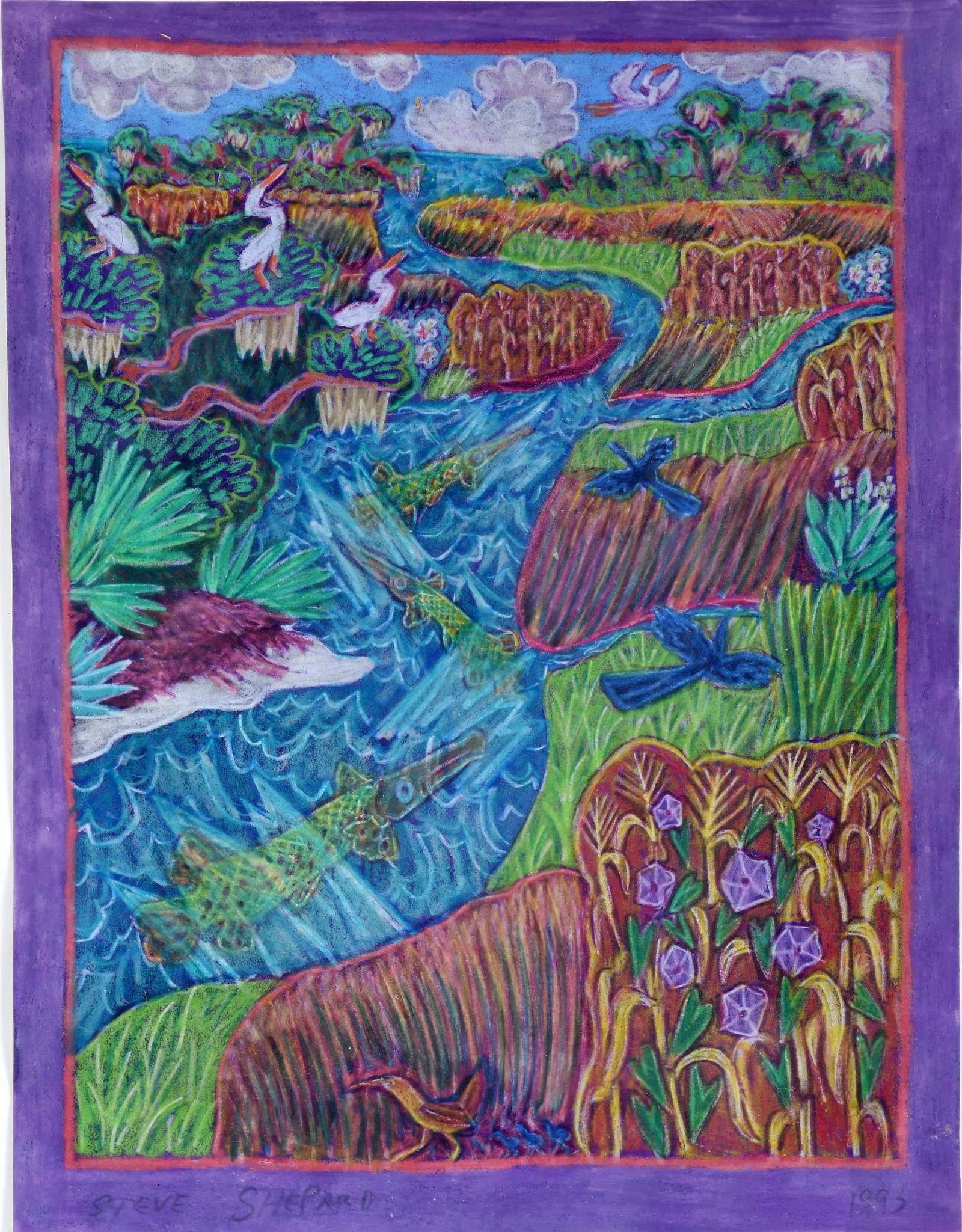 Steve Shephard. Everglades.: Steve Shephard. Everglades. 1992. Signed and dated. Colored pencil on paper. Slight waving of paper, otherwise great condition. Image is 8.5" w x 11" h. Frame is 15" w x 17" h. Est. $100-200. Ship: $5
