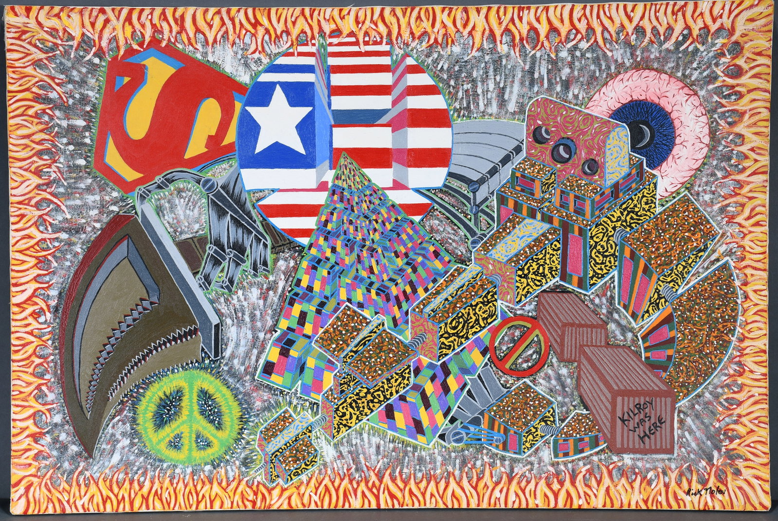 Rick Nolen. Kilroy Was Here.: Rick Nolen. Kilroy Was Here. Signed and titled. Paint on canvas. Excellent condition. 36" w x 24" h. Est. $100-200. Ship: $85