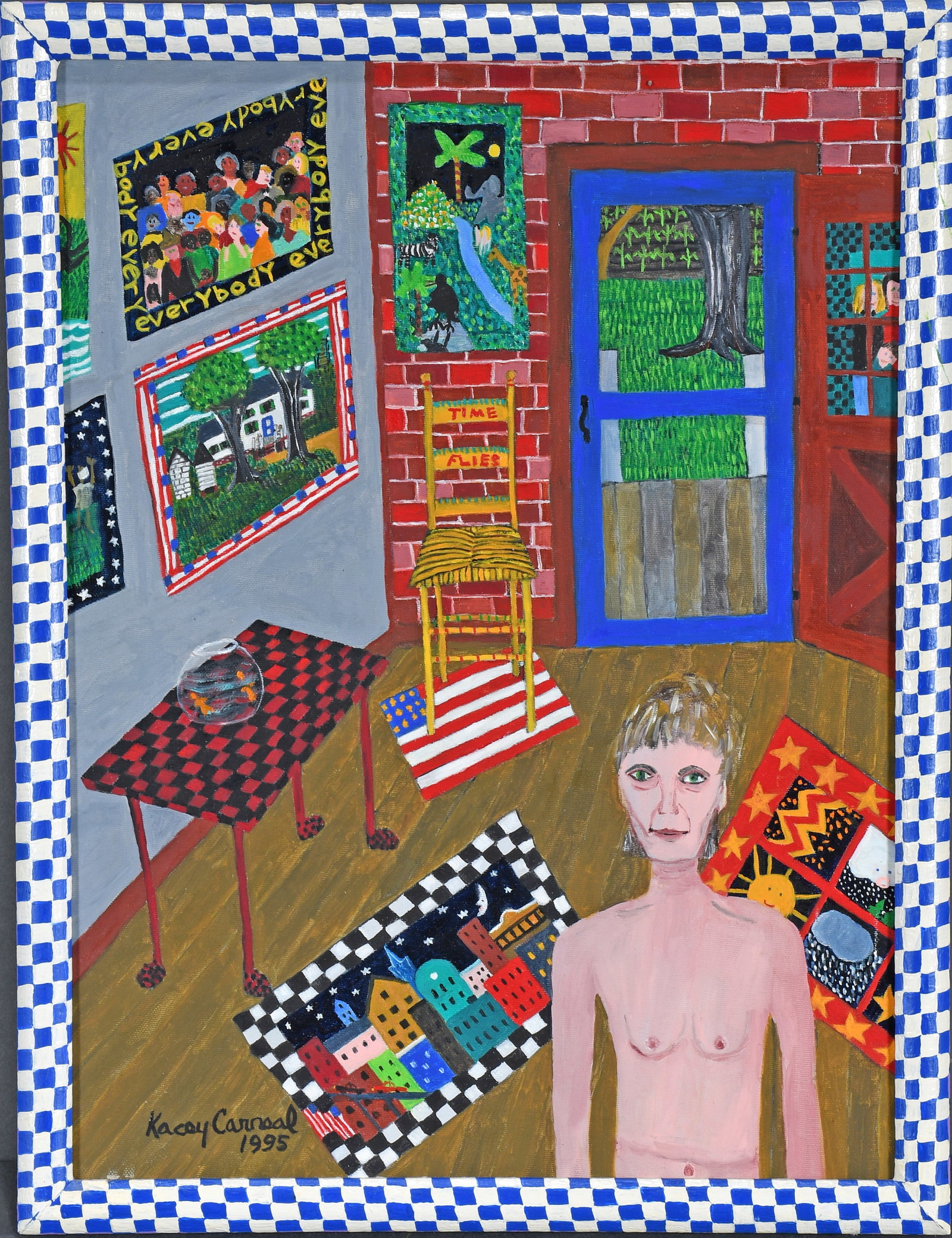 Kacey Carneal. I Hope You Will Know Me.: Kacey Carneal. I Hope You Will Know Me. 1995. Signed, dated and titled. Oil on canvas with artist-decorated frame. Excellent condition. 13" w x 17" h. Est.$100-200. Ship: $55
