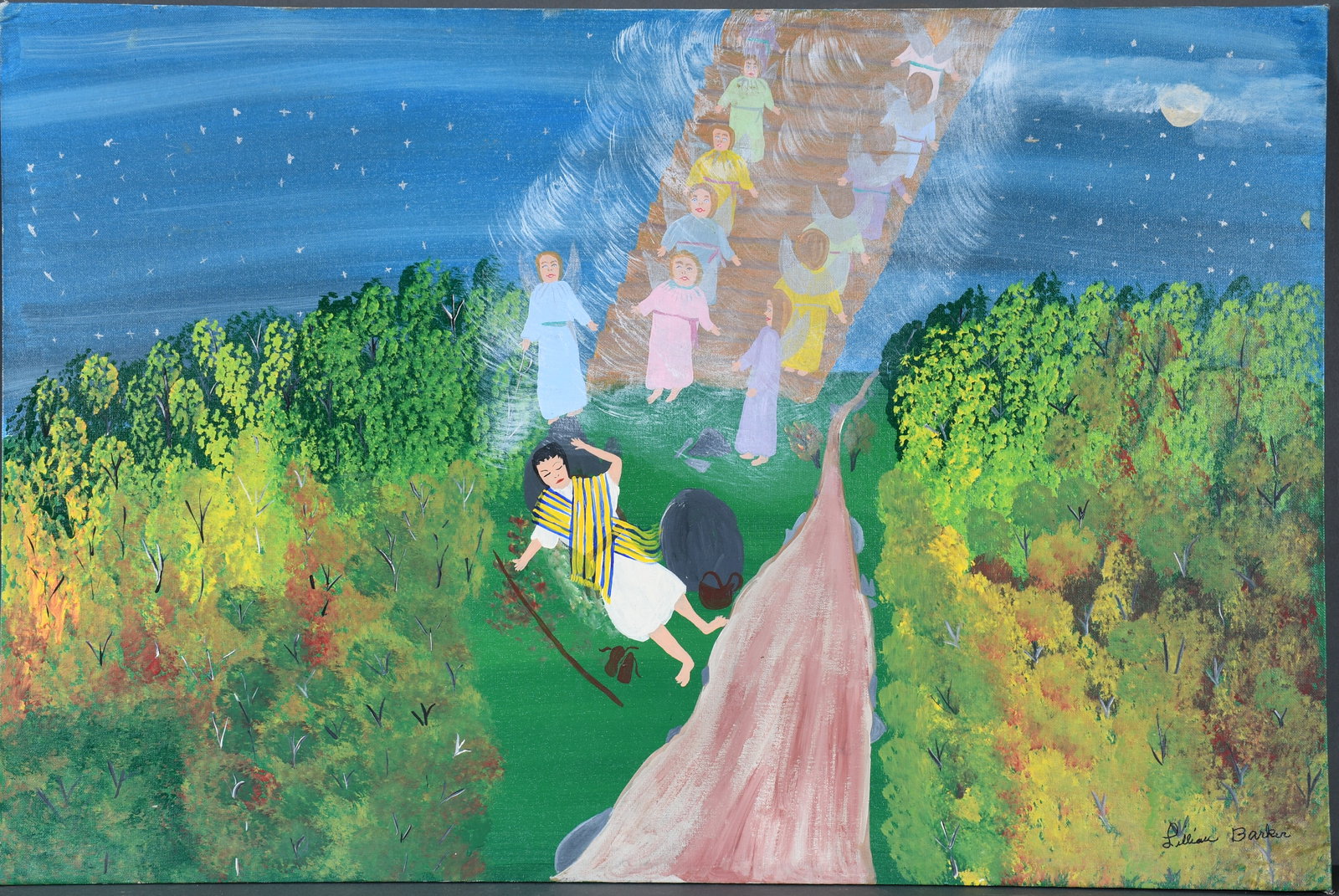 Lillian Barker. Jacob's Vision.: Lillian Barker. Jacob's Vision. 1991. Signed, dated and titled. Oil on canvas panel. Excellent condition. 36" w x 24" h. Est. $200-300. Ship: $85