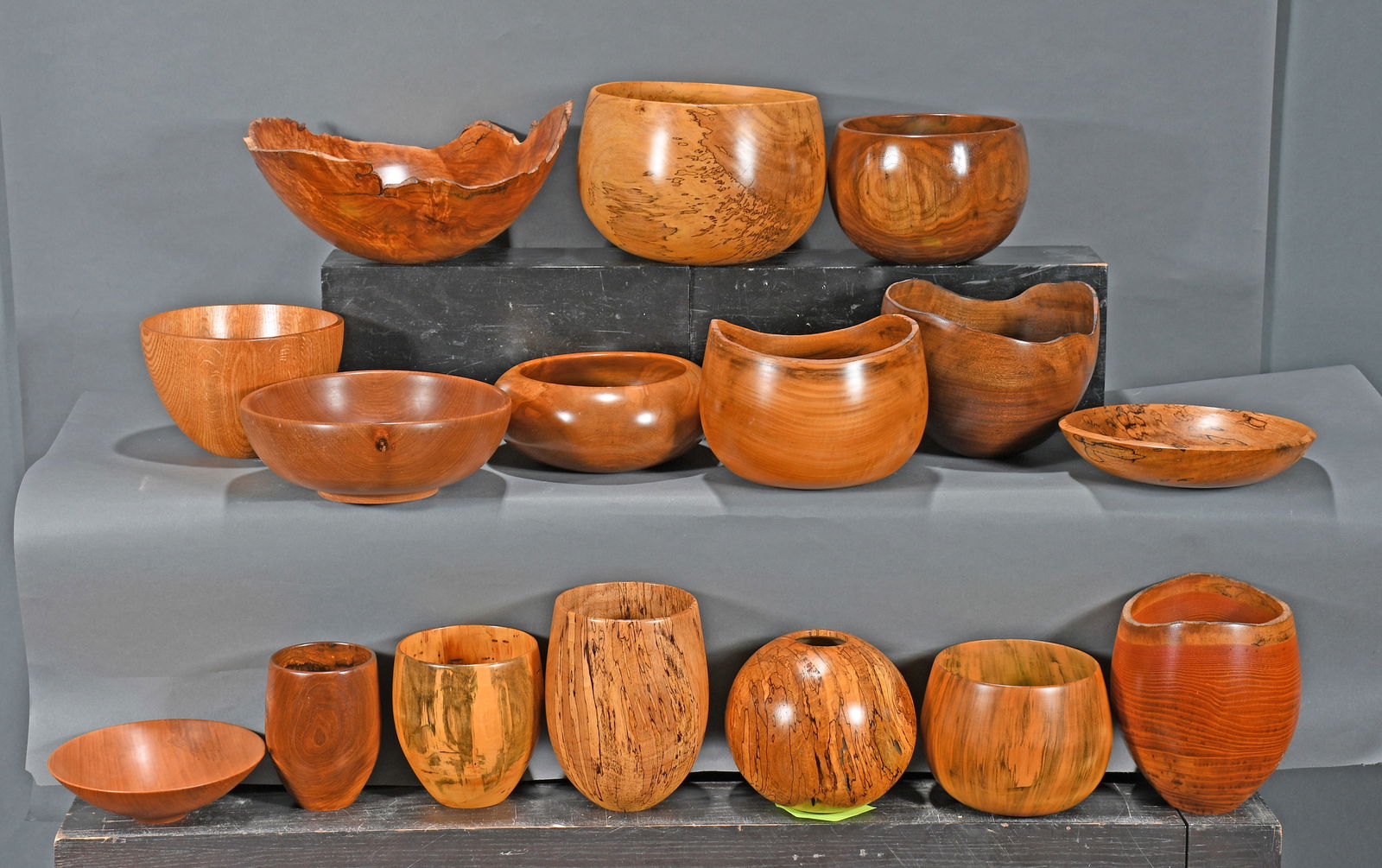 Donald A. Krebs. Group Lot of 16 Bowls.: Donald A. Krebs. Group Lot of 16 Bowls. Various woods, shapes and sizes. All purchased early 2000's. Don was a master woodcarver from NC and took pride in using primarily trees indigenous to the South