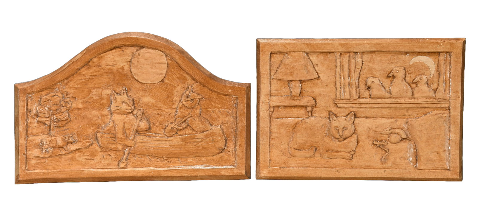 Marion Kaminkov. 2 Carved Reliefs.: Marion Kaminkov. 2 Carved Reliefs. Signed. Carved natural wood with stain and varnish. Excellent condition. Largest is 14" w x 9" h. Est. $100-200. Ship: $45