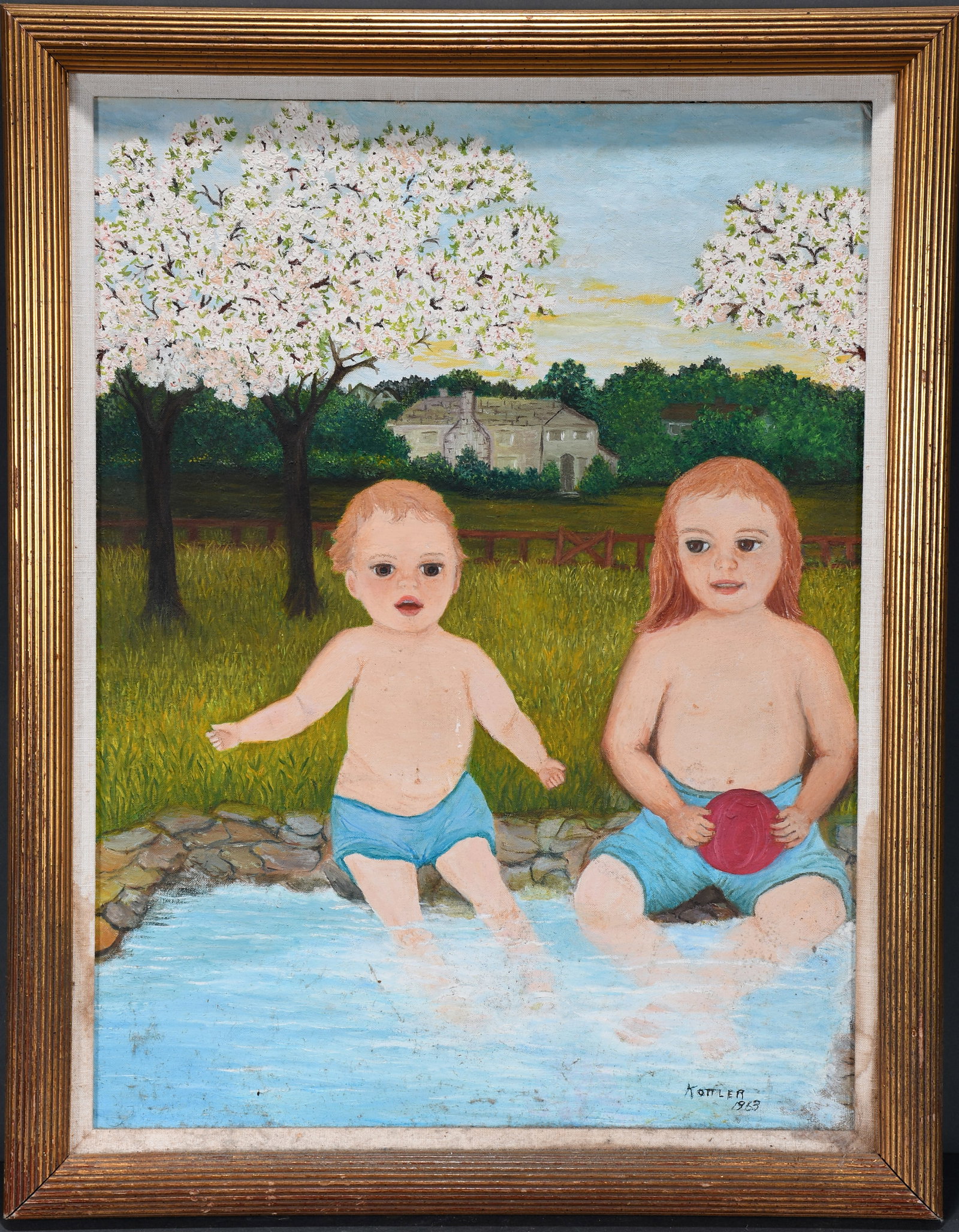 Kottler. Babies.: Kottler. Babies. 1963. Signed and dated. Oil on canvas panel. Heavy surface grime and some water damage, otherwise poor condition. Size with frame is 21" w x 17" h. Est. $25-50. Ship: $45