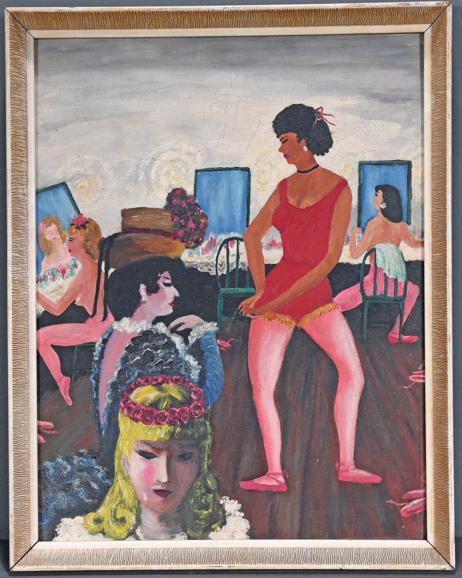 Mary Ann Eaton. Pink Tights.: Mary Ann Eaton. Pink Tights. 1957. Signed, dated and titled. Oil on canvas panel. Some crazing, otherwise excellent condition. Size with frame is 15" w x 9" h. Est. $25-50. Ship: $45