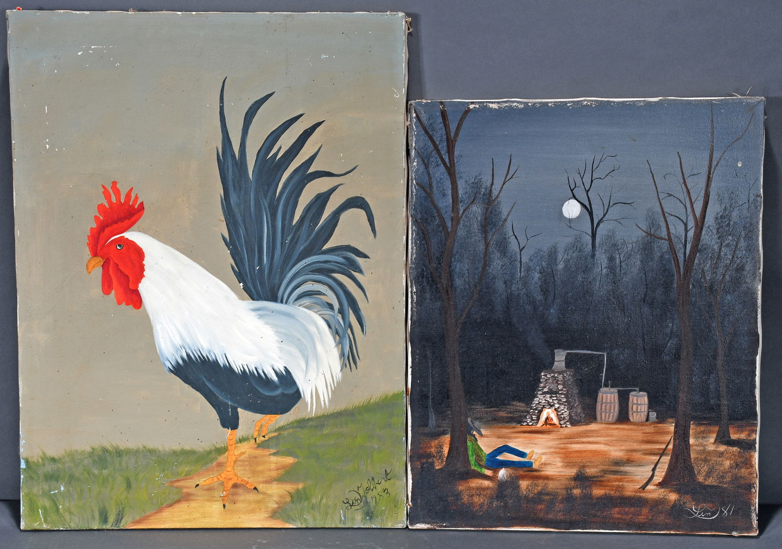 Lin Craven. Pair of Works, Moonshine and Rooster. (1 of 1)