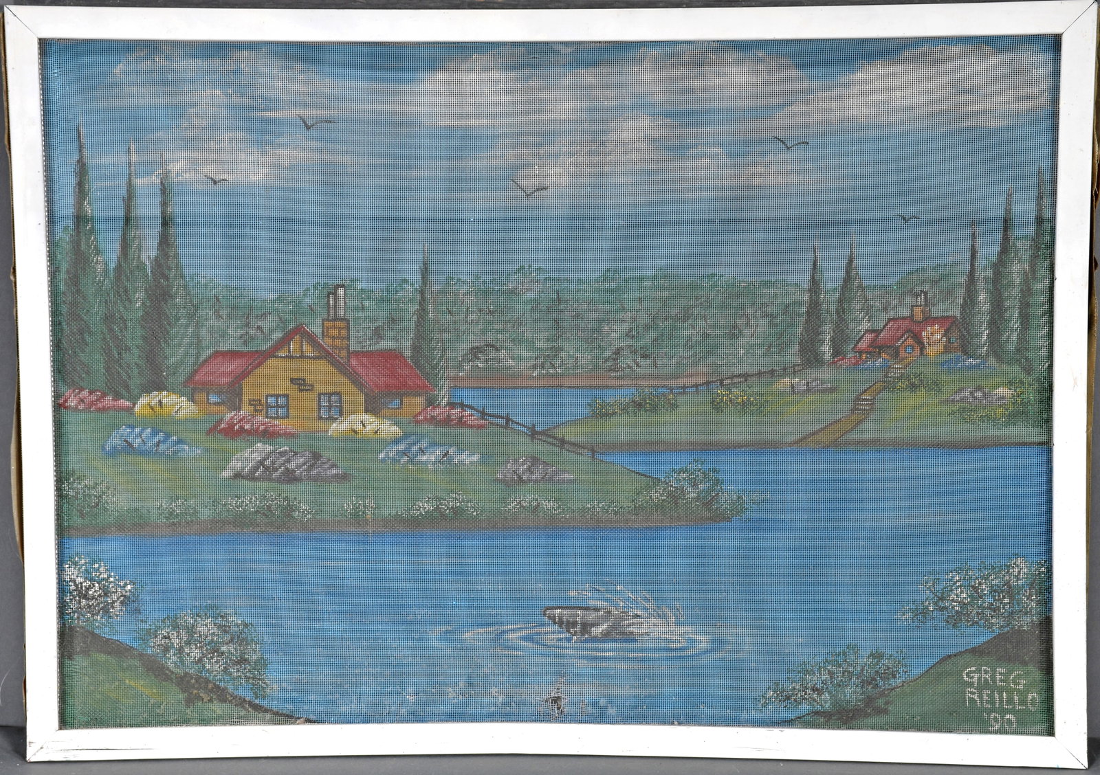Greg Reillo. Baltimore Screen Painting.: Greg Reillo. Baltimore Screen Painting. 1990. Signed and dated. Paint on screen. Excellent condition. 33" w x 23" h. Est. $25-50. Ship: $85
