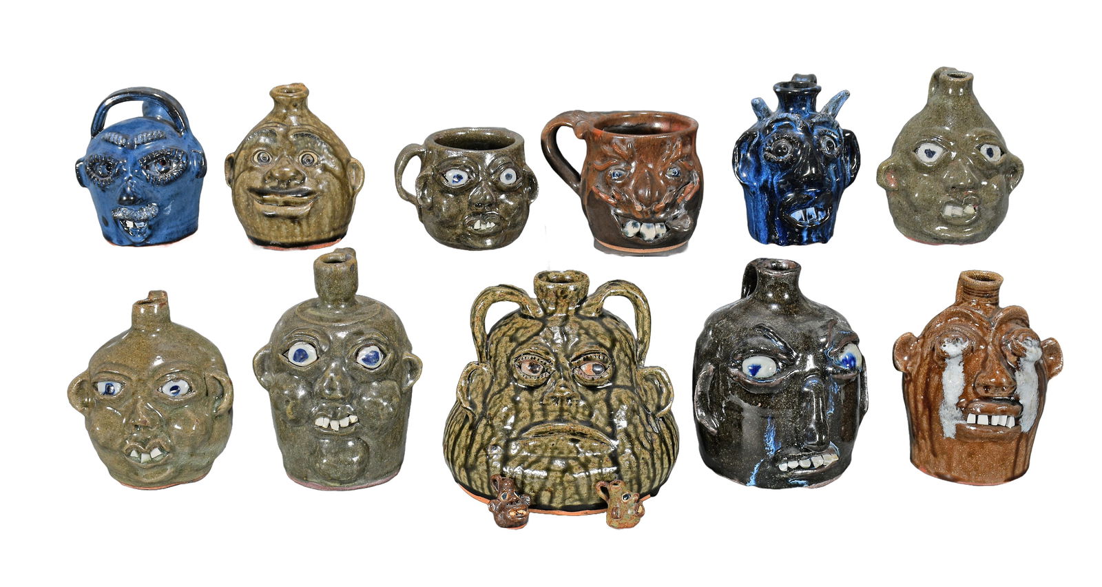 Hewell, Ferguson, Bailey, Holcomb, Meaders, Crocker, & Black Creek Pottery. 13 Mini Face Jugs. (1 of 3)
