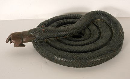 D.R. Villys. Coiled Blacksnake w Half-Eaten Rat.: D.R. Villys. Coiled Blacksnake With Half-Eaten Rat. 1907. Signed and dated. Carved and painted wood with bead and nail eyes. Excellent condition. 16” diameter x 3”h. A Slotin Auction Favorite! Pro