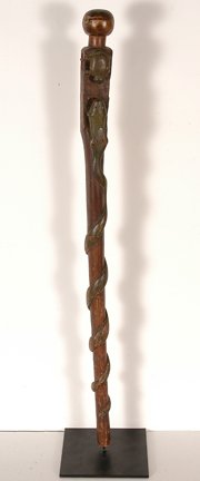 Walking Stick KKK Cane.: Walking Stick KKK Cane. Carved wood with detailed carvings of snake coiled around length of cane and at the top eating a frog. Frog is facing a turtle. On the side is hand-painted American flag and un